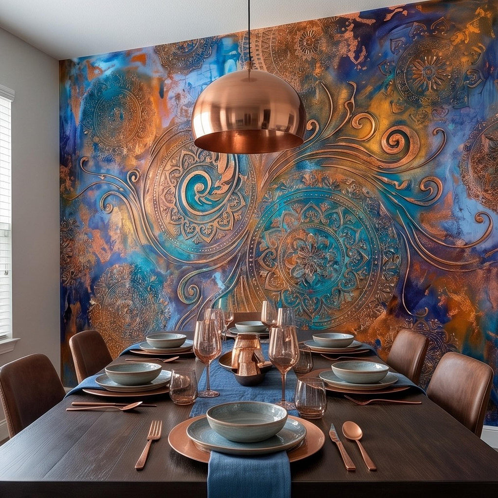 Copper Patina Peel and Stick Wall Mural, Turquoise Blue Ornamental Mandala Antique Bronze Scrollwork Bohemian Abstract Wallpaper