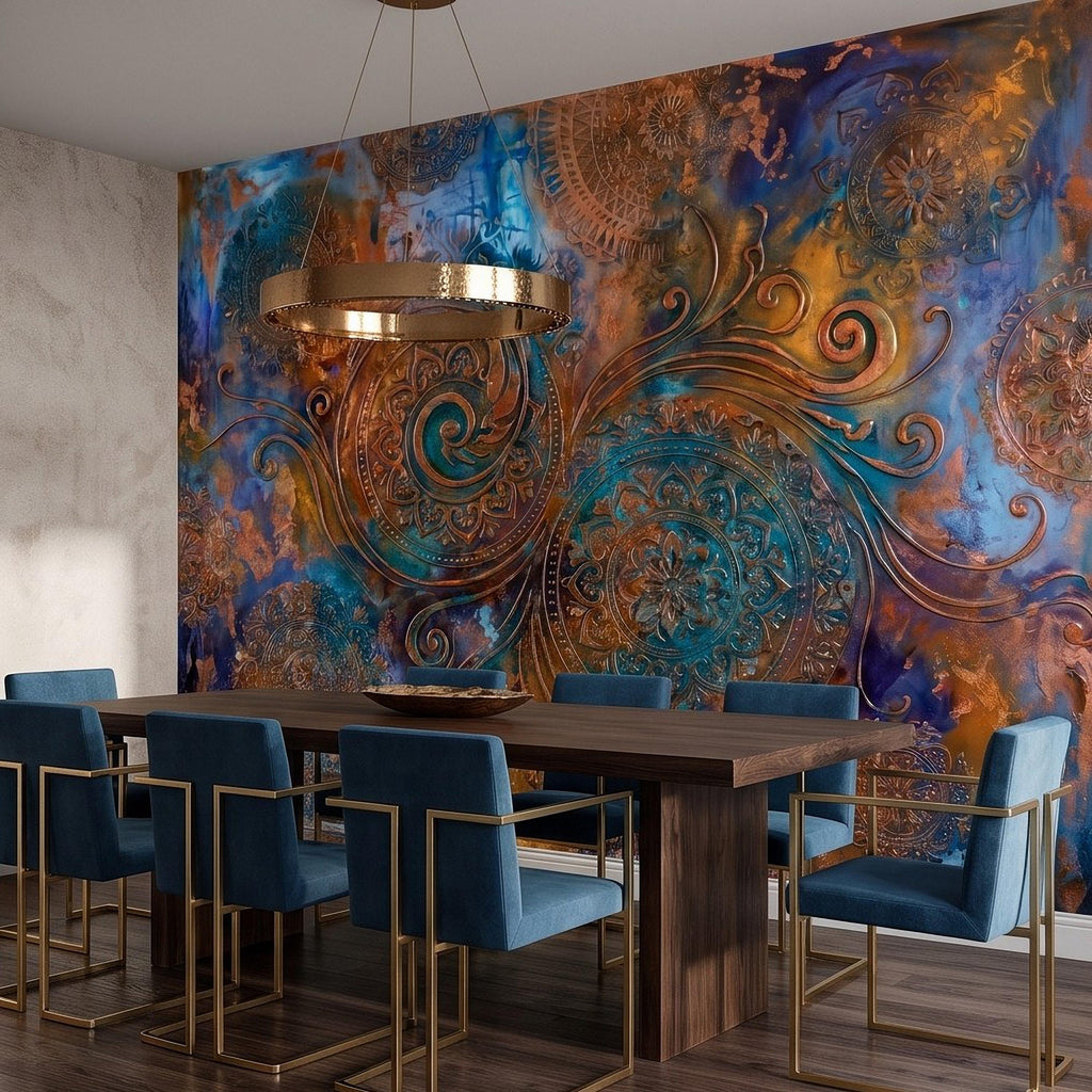 Copper Patina Peel and Stick Wall Mural, Turquoise Blue Ornamental Mandala Antique Bronze Scrollwork Bohemian Abstract Wallpaper