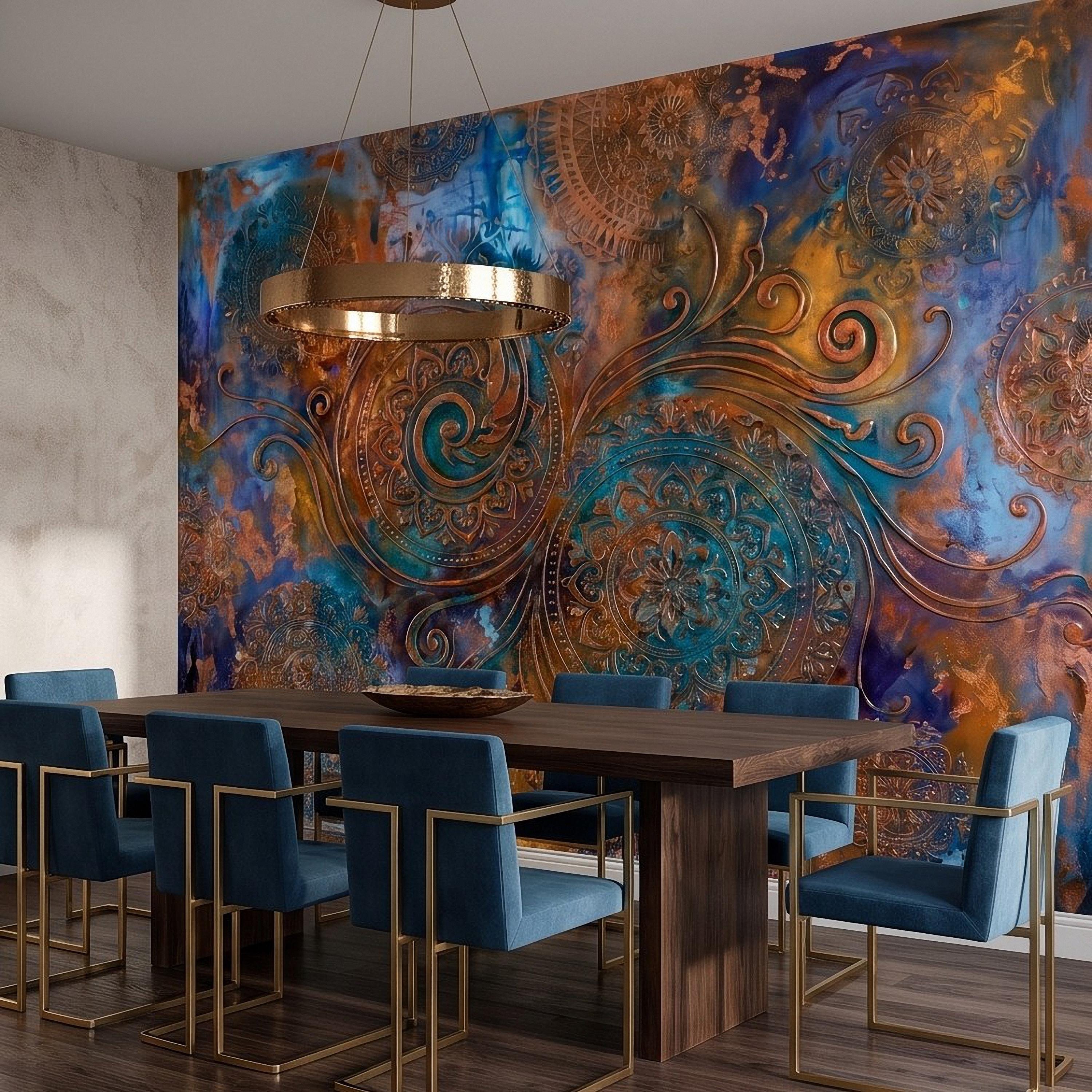 Copper Patina Peel and Stick Wall Mural, Turquoise Blue Ornamental Mandala Antique Bronze Scrollwork Bohemian Abstract Wallpaper