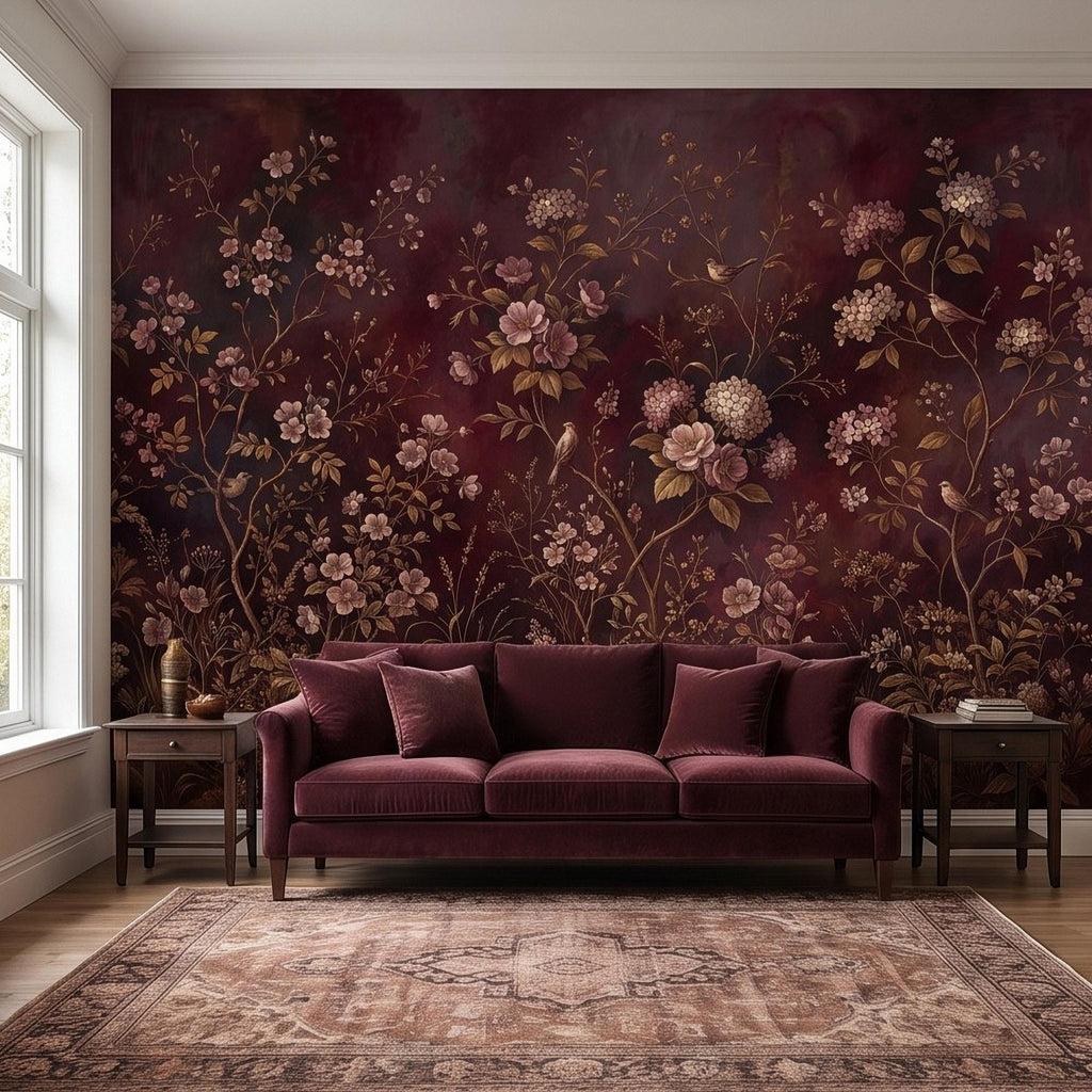 Burgundy Chinoiserie Peel and Stick Wall Mural, Floral Branches Birds Dark Botanical Garden Vintage Romantic Old World Painting Wallpaper