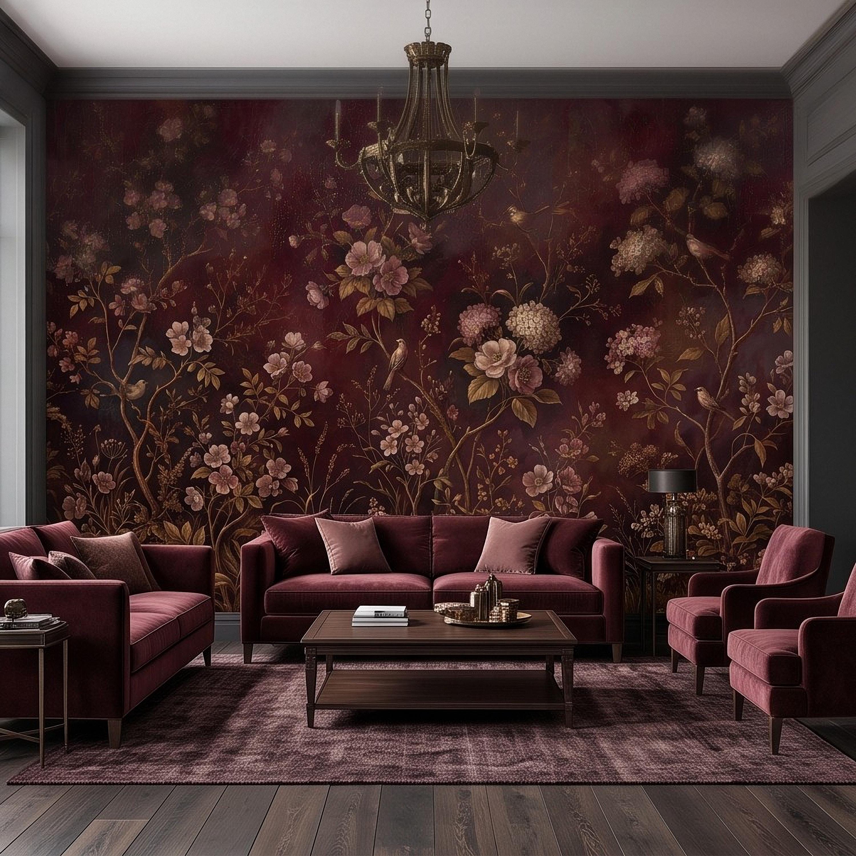 Burgundy Chinoiserie Peel and Stick Wall Mural, Floral Branches Birds Dark Botanical Garden Vintage Romantic Old World Painting Wallpaper