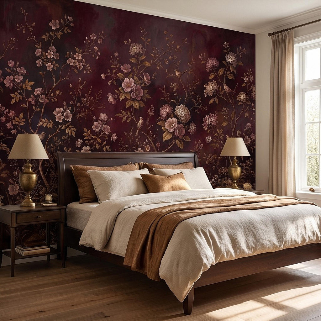 Burgundy Chinoiserie Peel and Stick Wall Mural, Floral Branches Birds Dark Botanical Garden Vintage Romantic Old World Painting Wallpaper