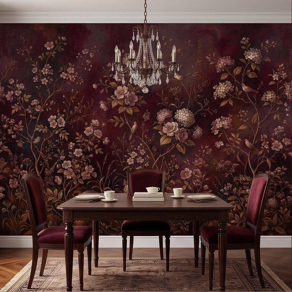 Burgundy Chinoiserie Peel and Stick Wall Mural, Floral Branches Birds Dark Botanical Garden Vintage Romantic Old World Painting Wallpaper