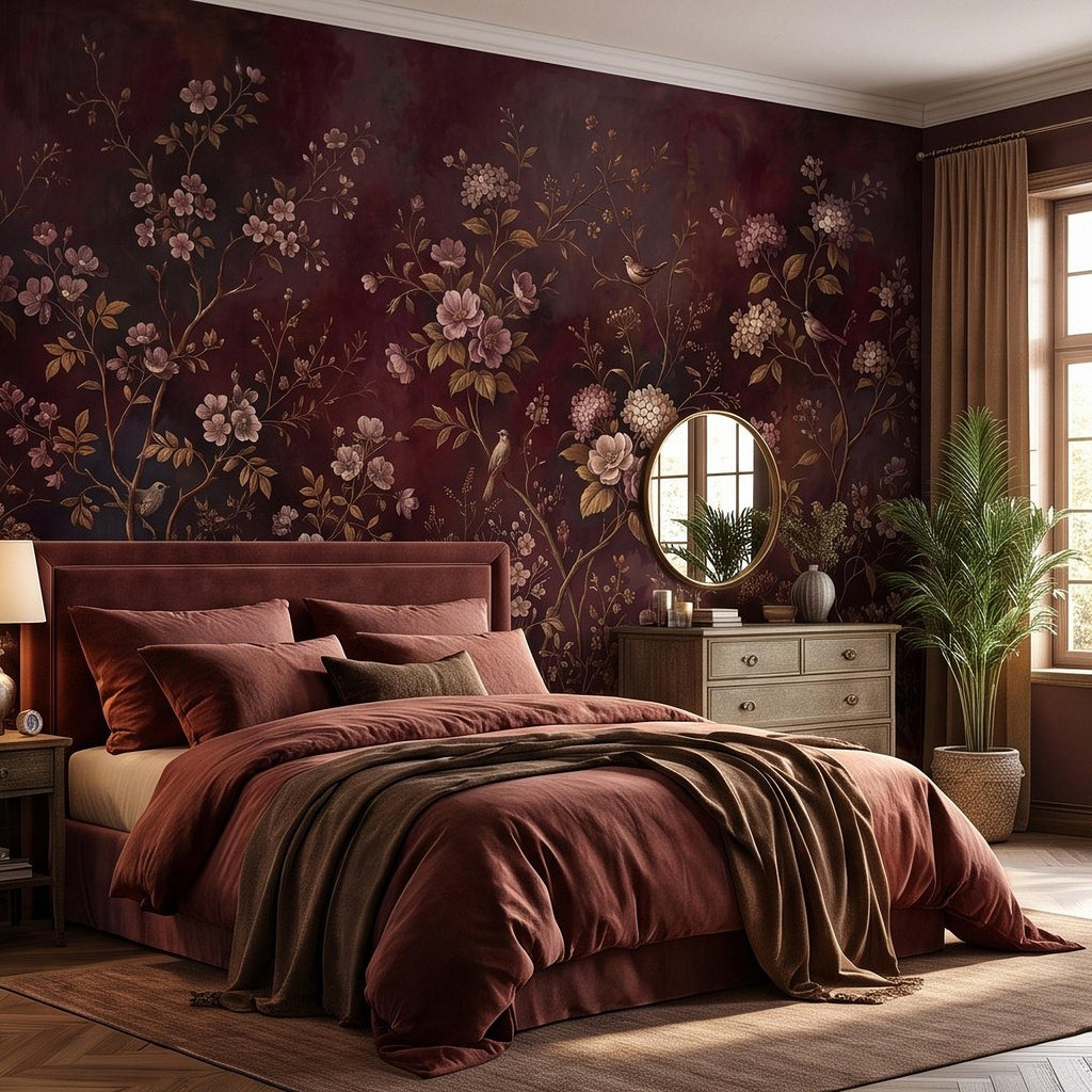 Burgundy Chinoiserie Peel and Stick Wall Mural, Floral Branches Birds Dark Botanical Garden Vintage Romantic Old World Painting Wallpaper