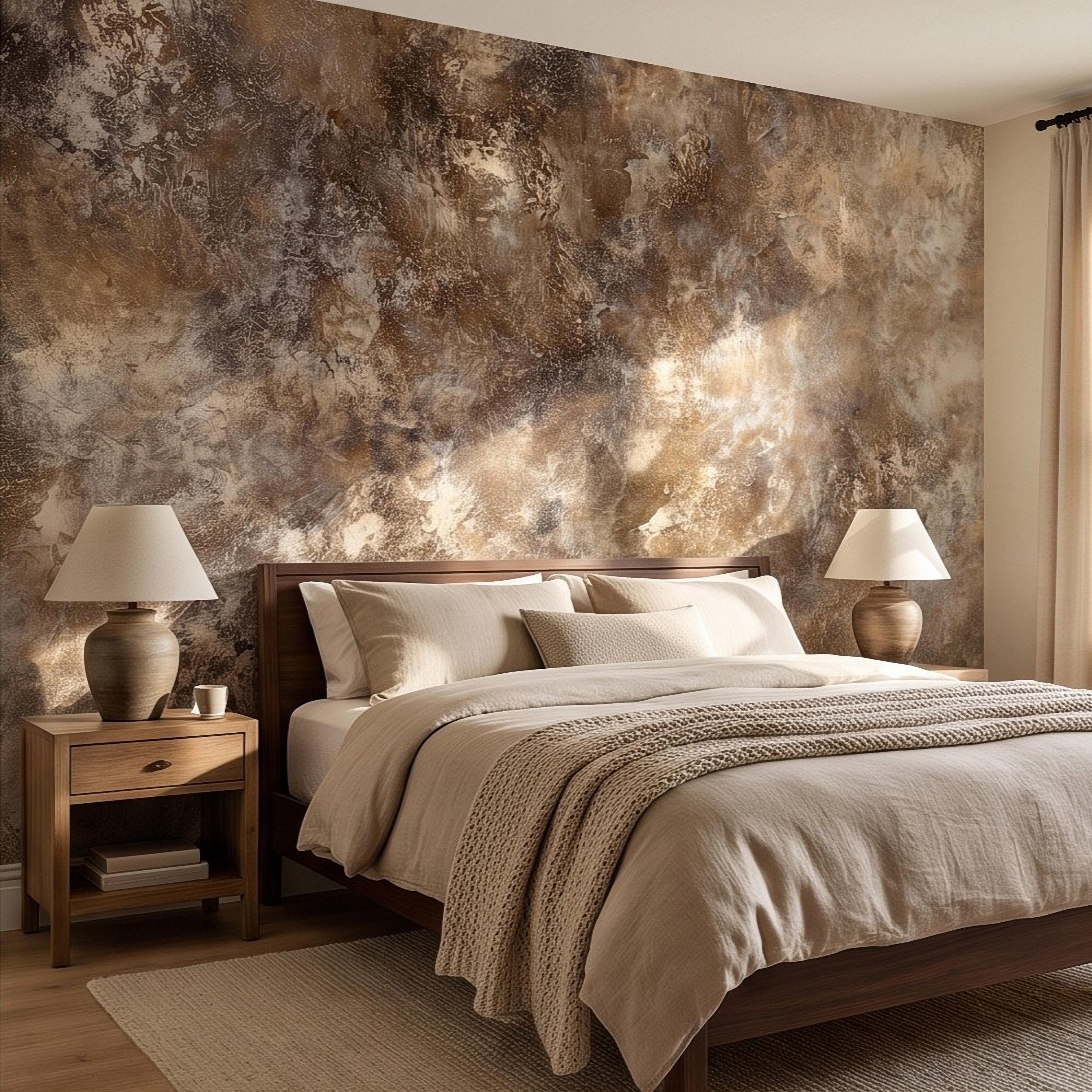 Abstract Plaster Texture Peel and Stick Wall Mural, Distressed Brown Beige Patina Weathered Concrete Effect Rustic Vintage Art Wallpaper