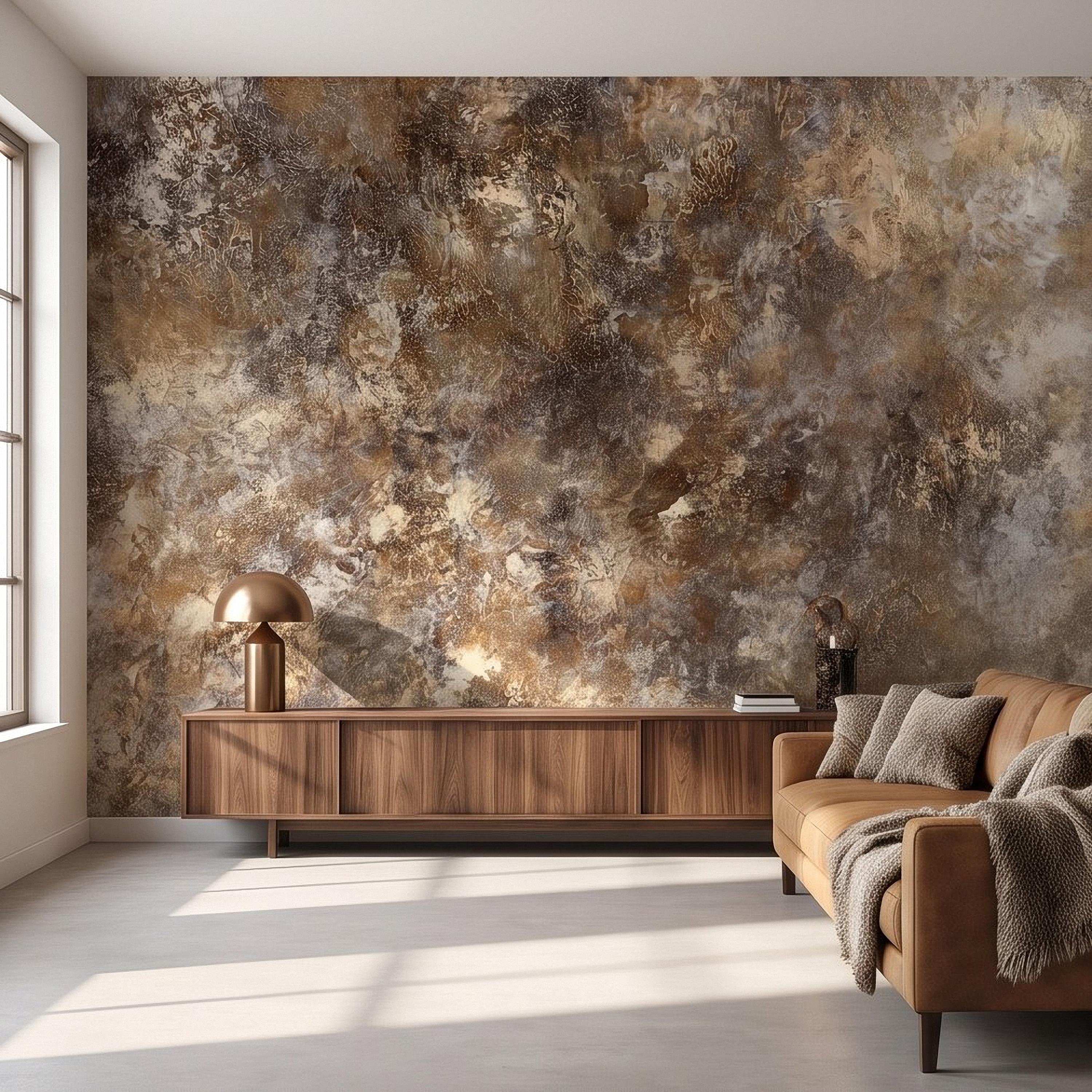 Abstract Plaster Texture Peel and Stick Wall Mural, Distressed Brown Beige Patina Weathered Concrete Effect Rustic Vintage Art Wallpaper