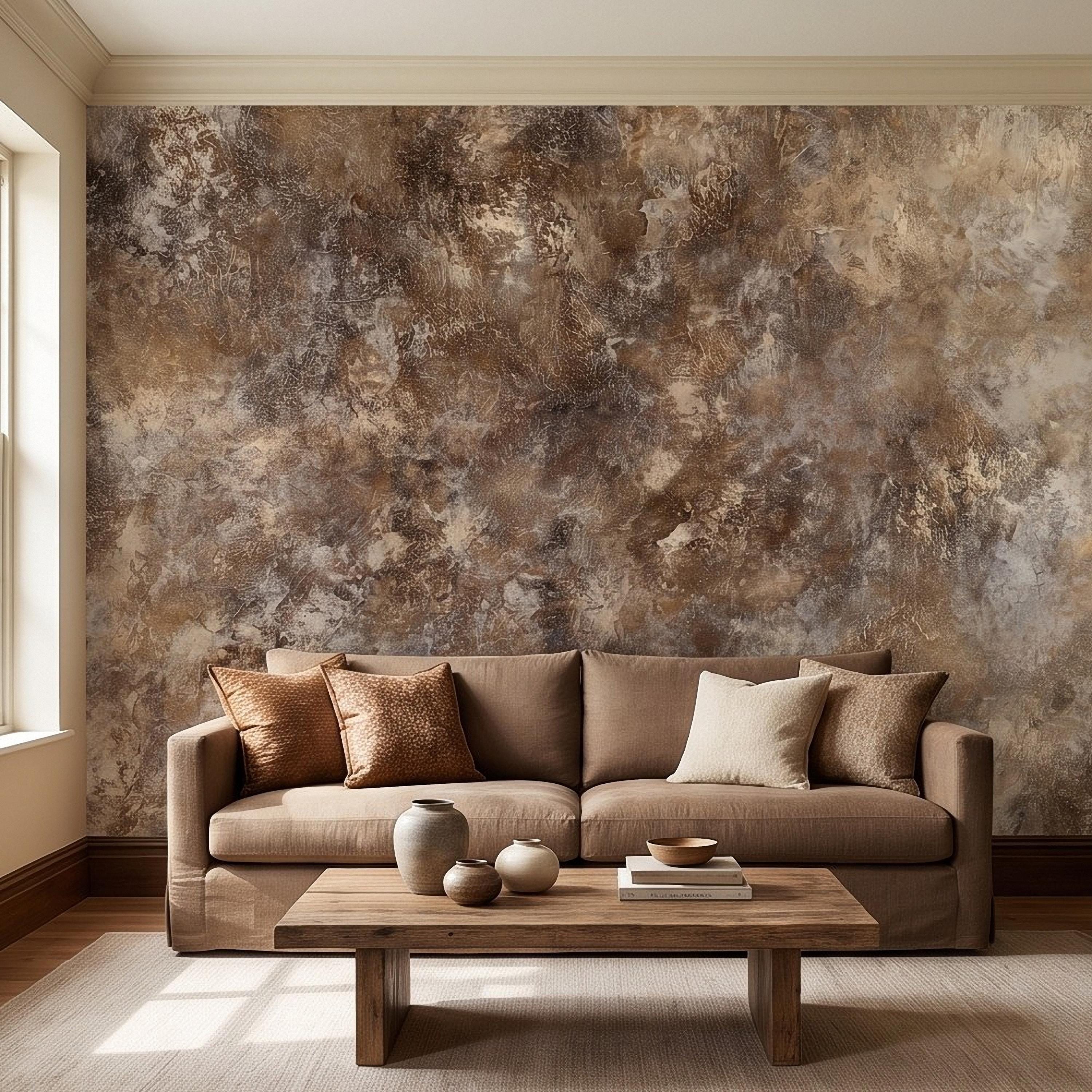 Abstract Plaster Texture Peel and Stick Wall Mural, Distressed Brown Beige Patina Weathered Concrete Effect Rustic Vintage Art Wallpaper