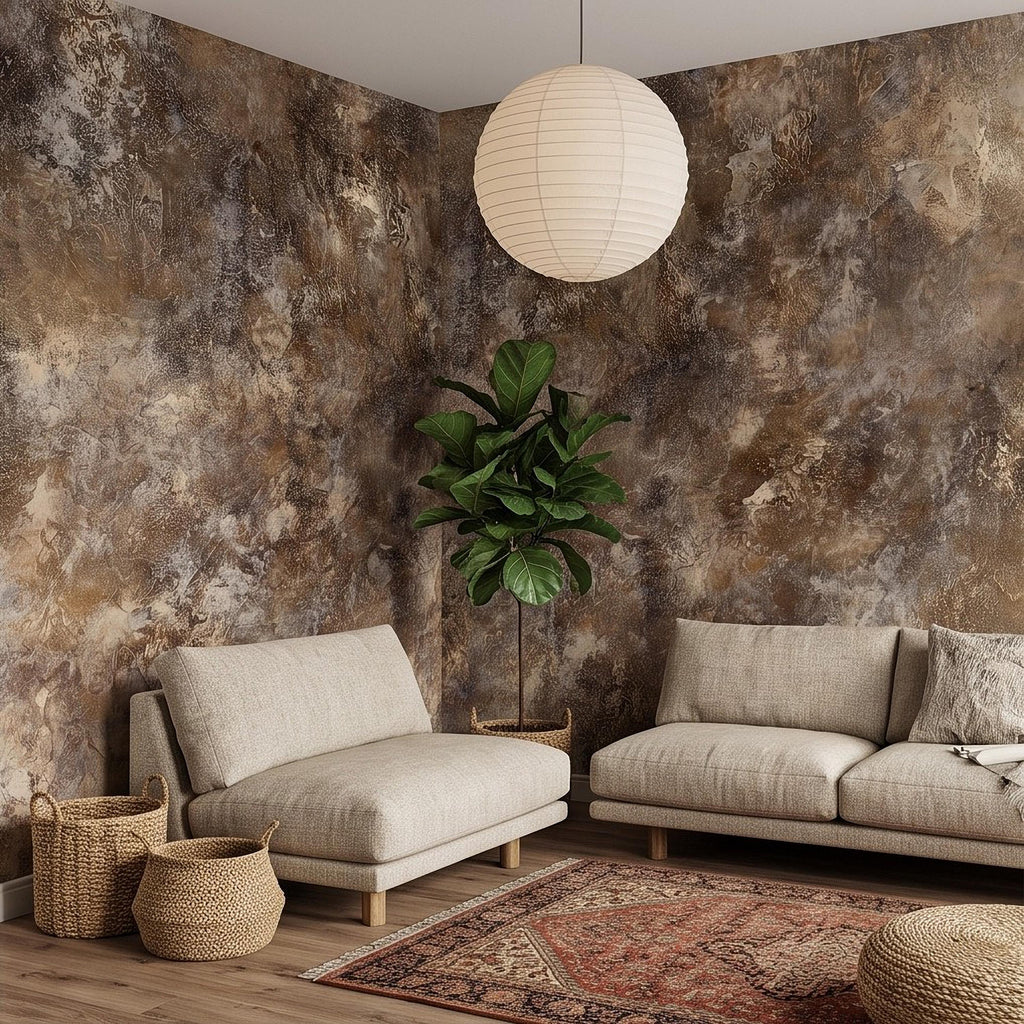 Abstract Plaster Texture Peel and Stick Wall Mural, Distressed Brown Beige Patina Weathered Concrete Effect Rustic Vintage Art Wallpaper