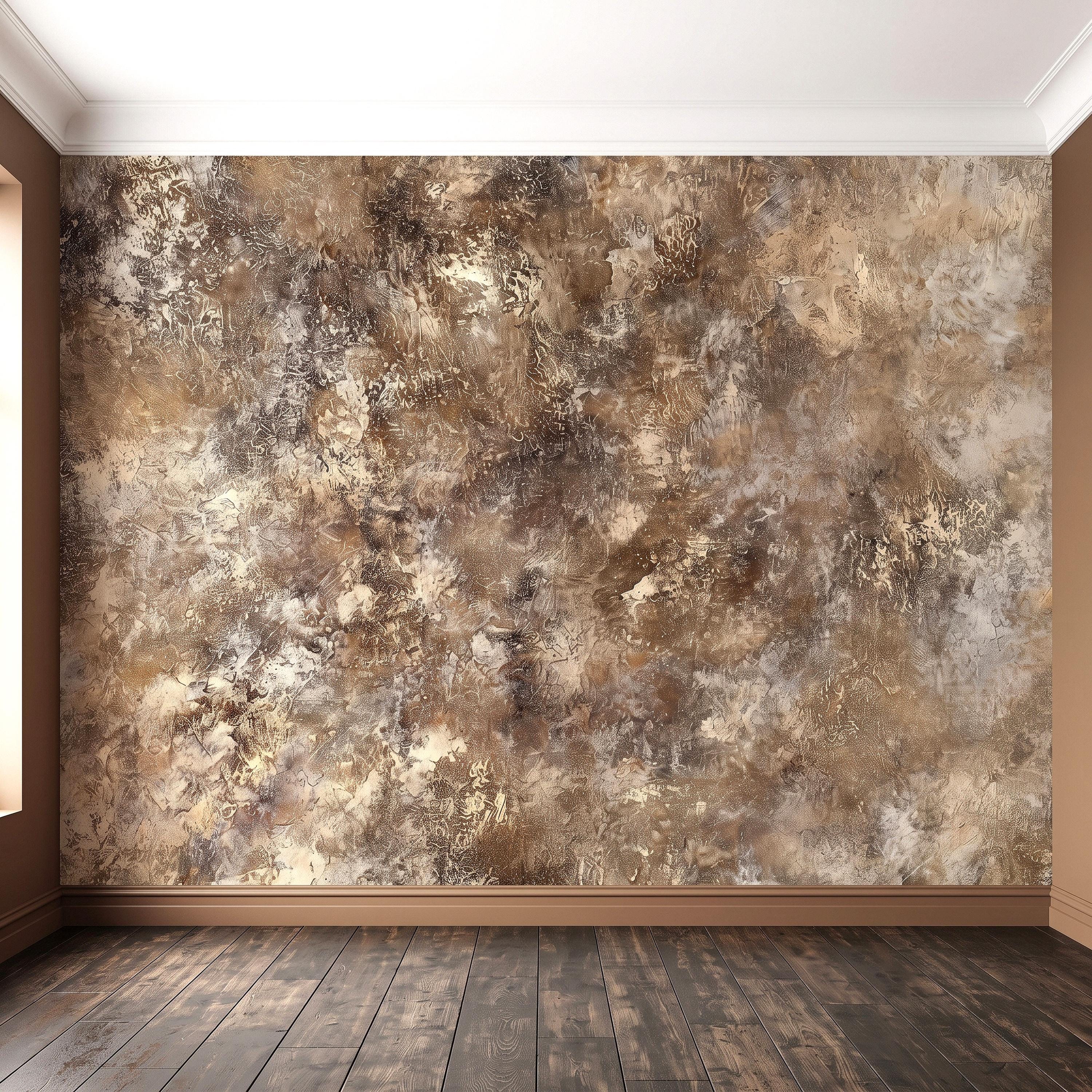 Abstract Plaster Texture Peel and Stick Wall Mural, Distressed Brown Beige Patina Weathered Concrete Effect Rustic Vintage Art Wallpaper