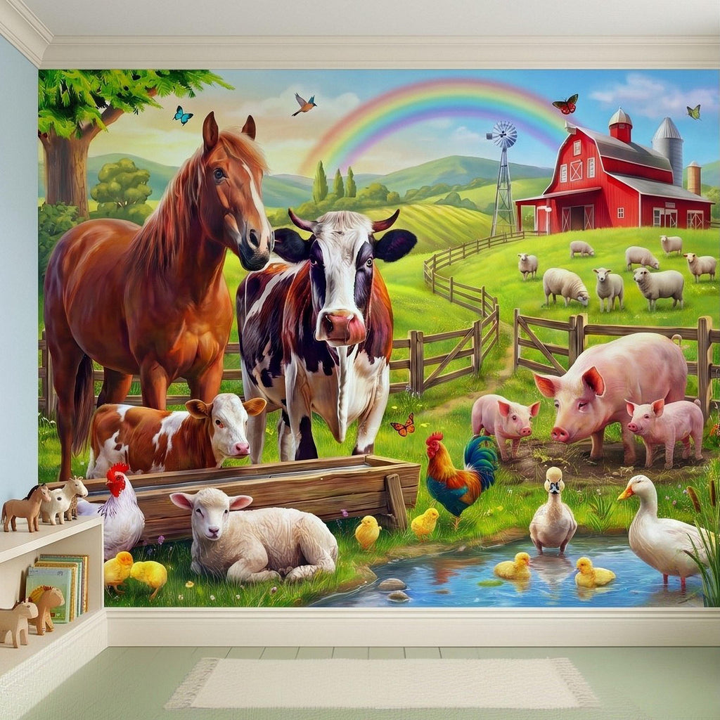 Colorful Farm Animals Peel and Stick Wall Mural, Red Barn Rainbow Countryside, Happy Farmyard Scene, Storybook Kids Wallpaper