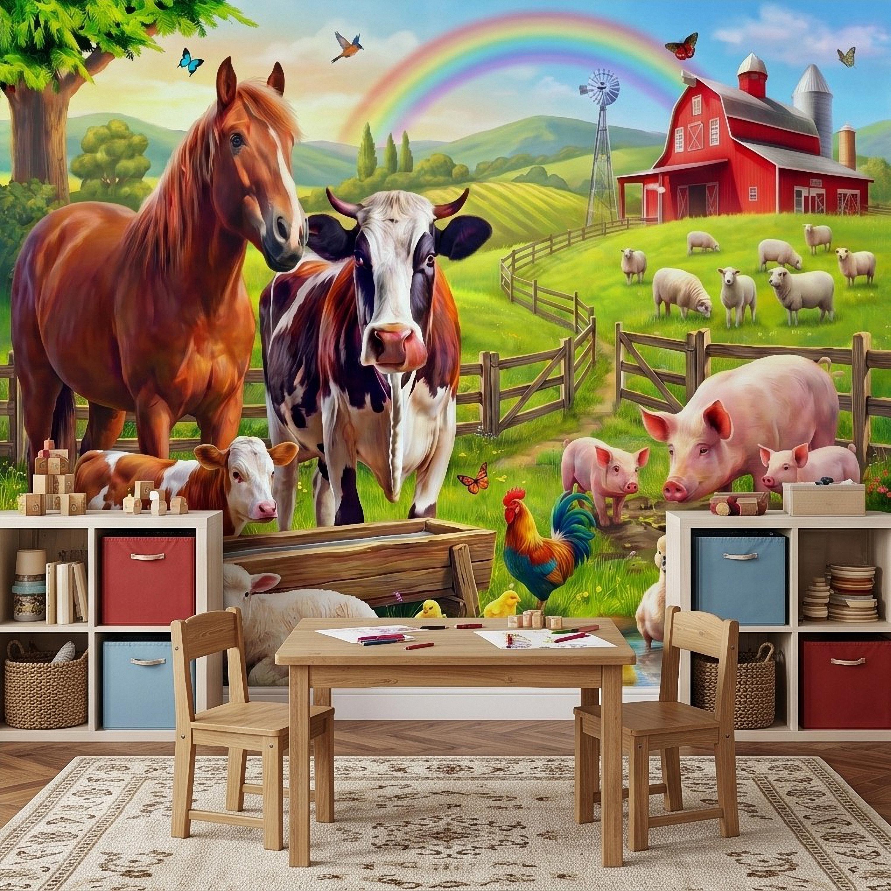 Colorful Farm Animals Peel and Stick Wall Mural, Red Barn Rainbow Countryside, Happy Farmyard Scene, Storybook Kids Wallpaper
