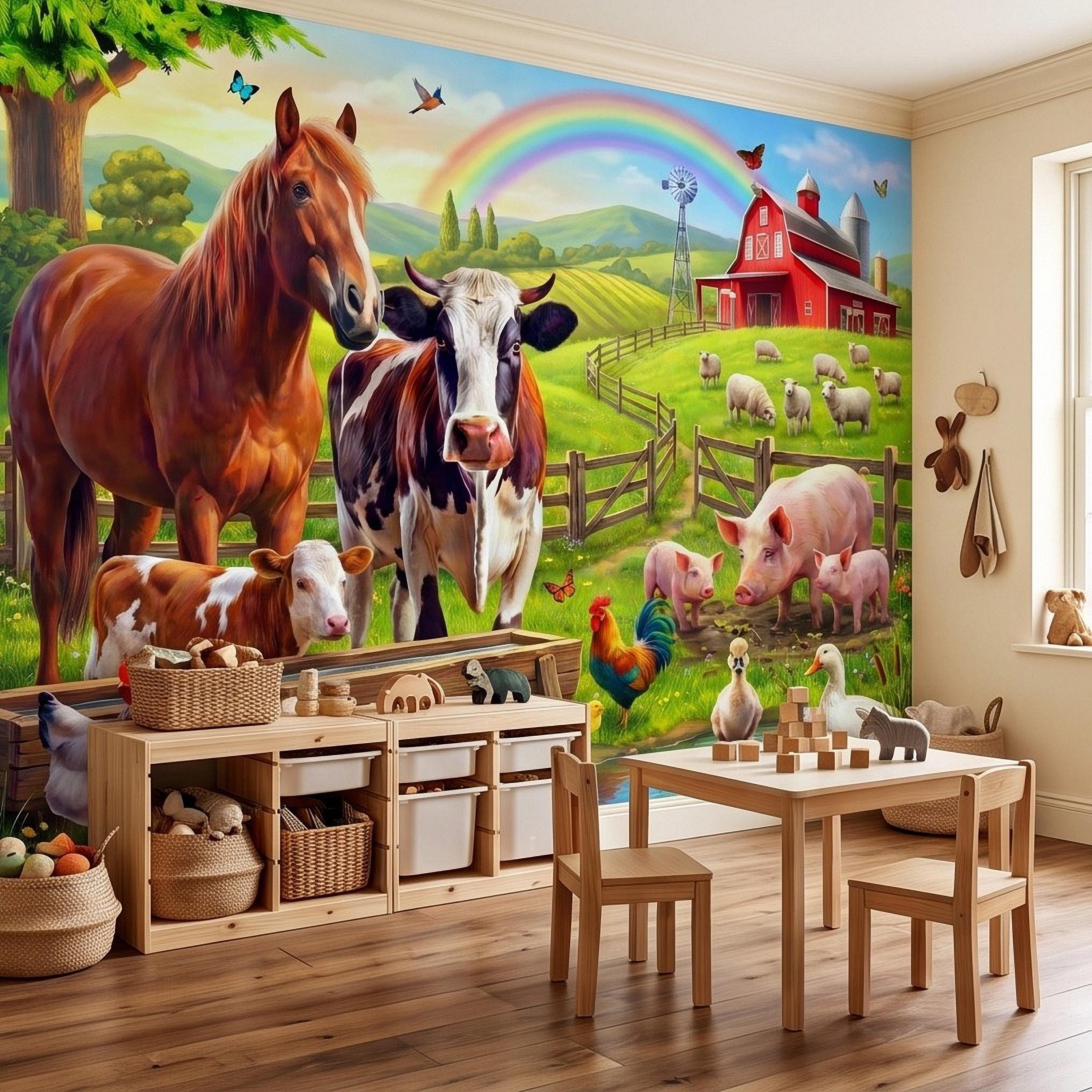 Colorful Farm Animals Peel and Stick Wall Mural, Red Barn Rainbow Countryside, Happy Farmyard Scene, Storybook Kids Wallpaper