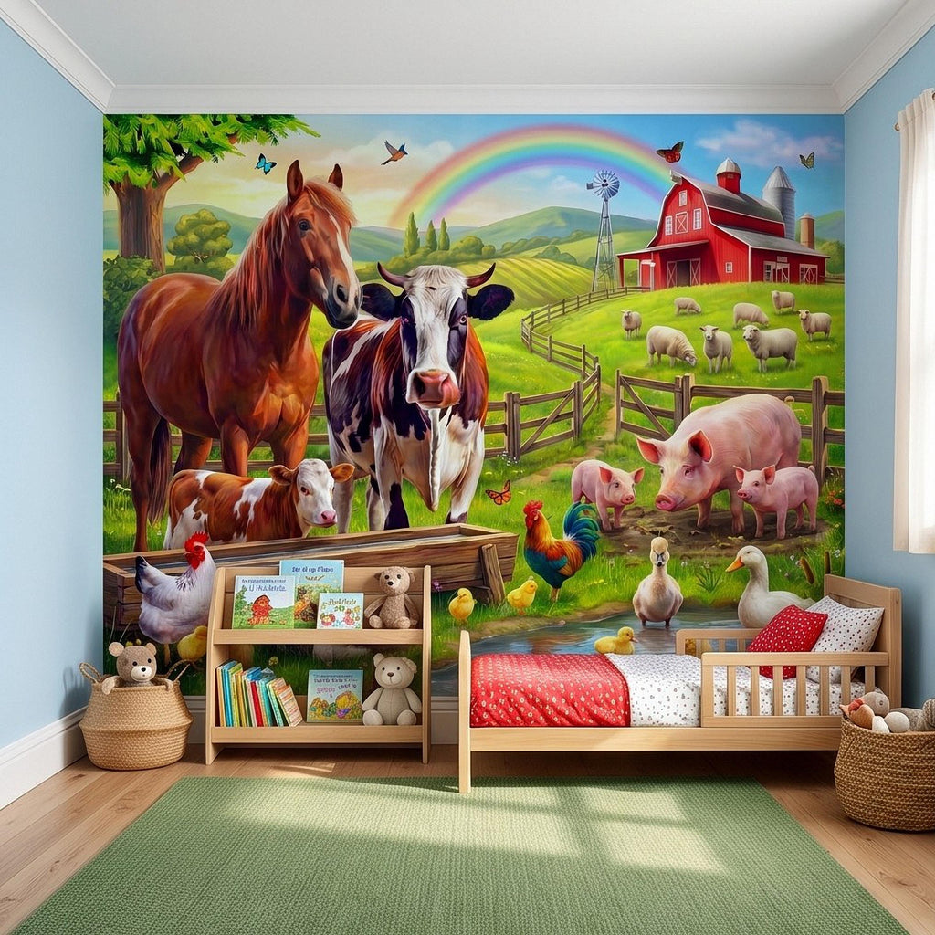 Colorful Farm Animals Peel and Stick Wall Mural, Red Barn Rainbow Countryside, Happy Farmyard Scene, Storybook Kids Wallpaper
