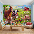 Colorful Farm Animals Peel and Stick Wall Mural, Red Barn Rainbow Countryside, Happy Farmyard Scene, Storybook Kids Wallpaper
