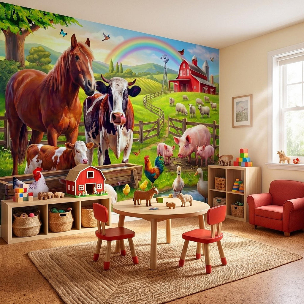 Colorful Farm Animals Peel and Stick Wall Mural, Red Barn Rainbow Countryside, Happy Farmyard Scene, Storybook Kids Wallpaper