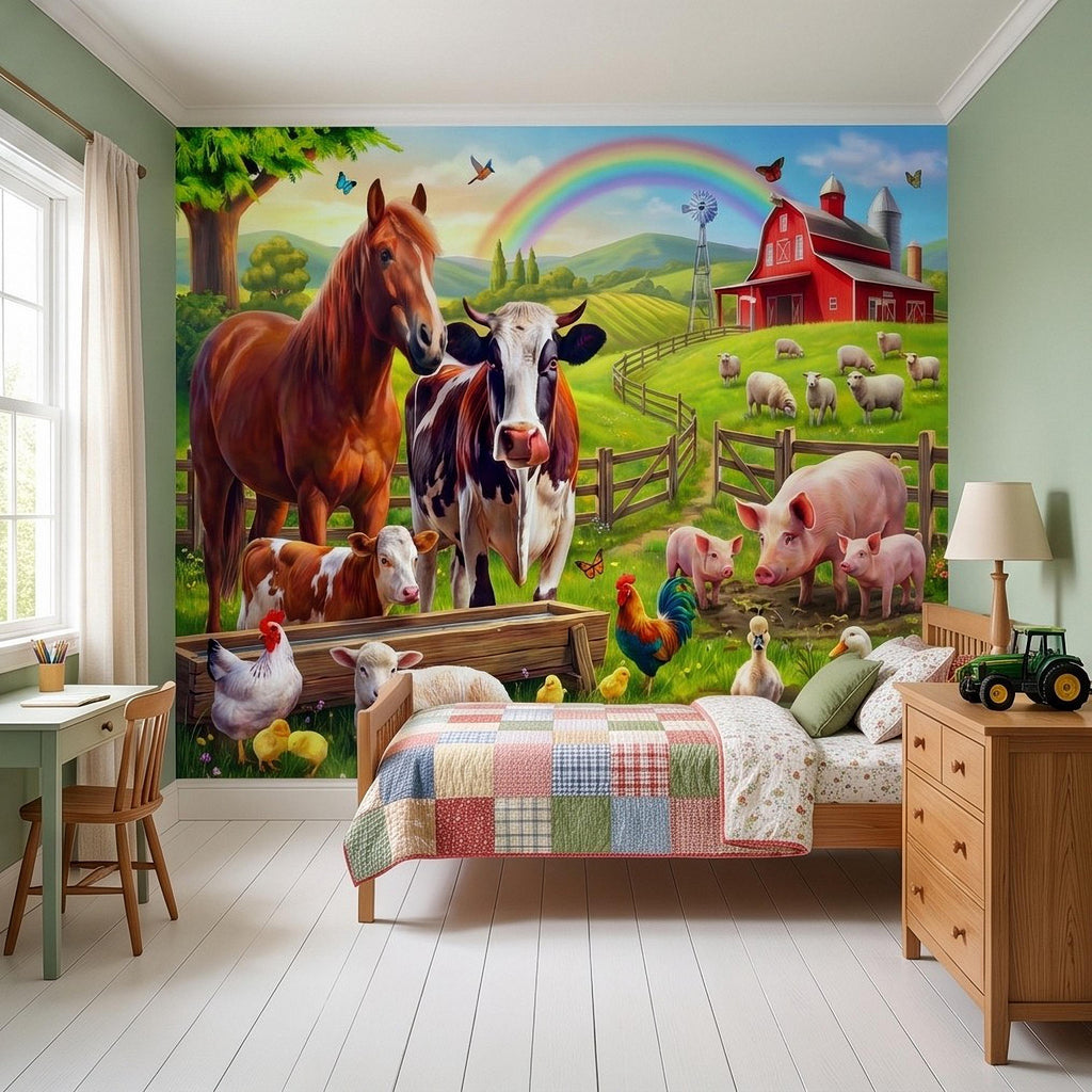 Colorful Farm Animals Peel and Stick Wall Mural, Red Barn Rainbow Countryside, Happy Farmyard Scene, Storybook Kids Wallpaper