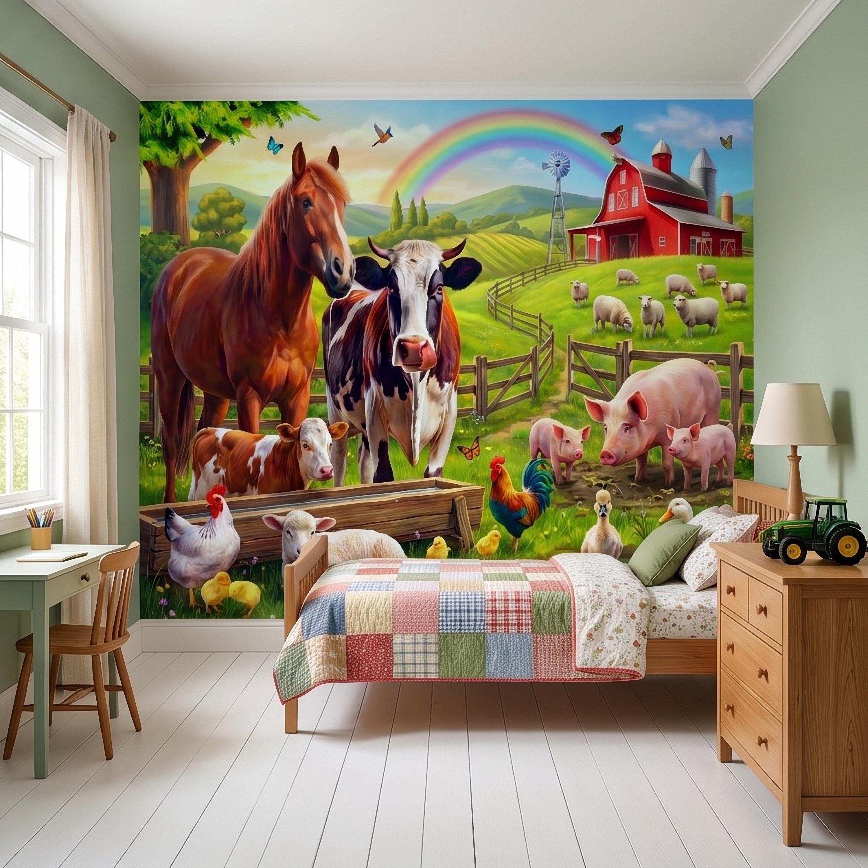 Colorful Farm Animals Peel and Stick Wall Mural, Red Barn Rainbow Countryside, Happy Farmyard Scene, Storybook Kids Wallpaper