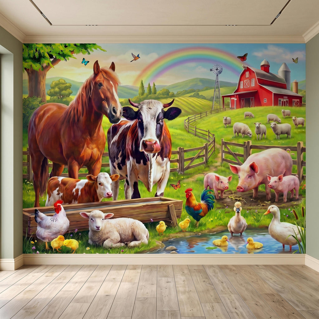 Colorful Farm Animals Peel and Stick Wall Mural, Red Barn Rainbow Countryside, Happy Farmyard Scene, Storybook Kids Wallpaper