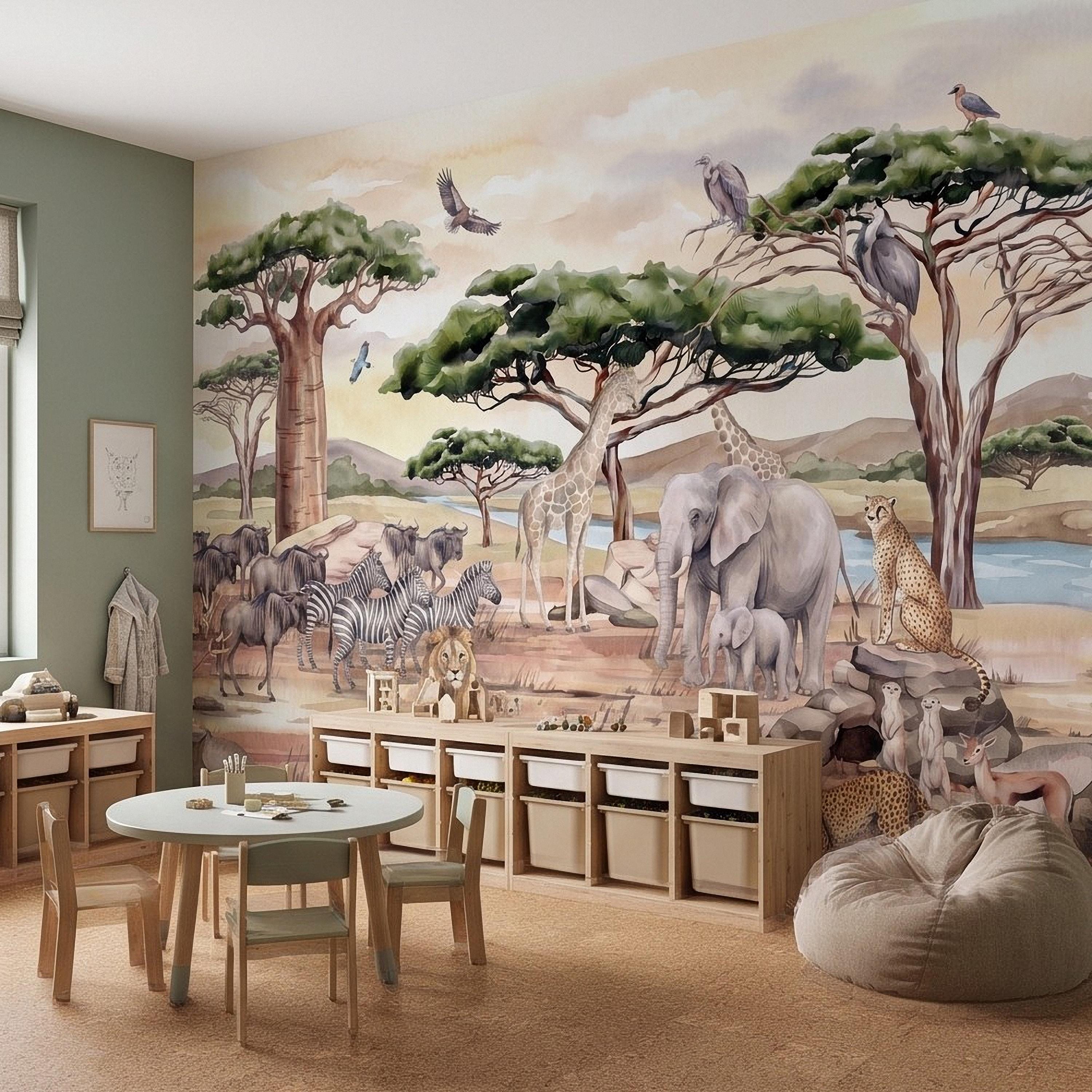African Safari Peel and Stick Wall Mural, Savanna Wildlife Landscape Watercolor Jungle Adventure Neutral Storybook Kids Wallpaper