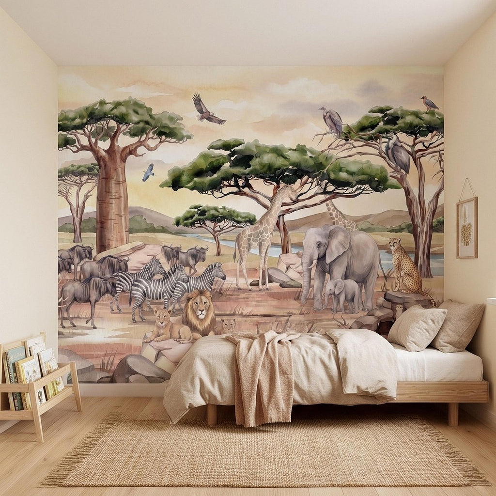African Safari Peel and Stick Wall Mural, Savanna Wildlife Landscape Watercolor Jungle Adventure Neutral Storybook Kids Wallpaper