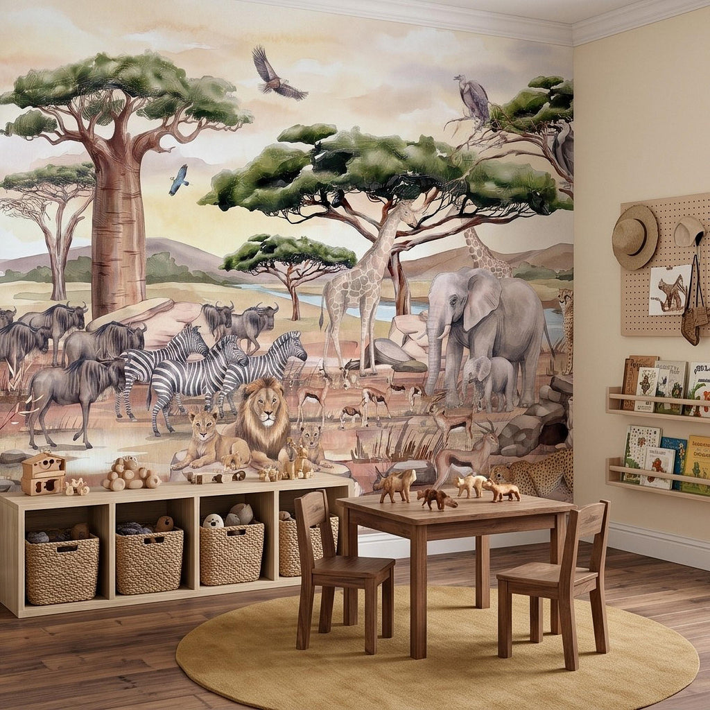 African Safari Peel and Stick Wall Mural, Savanna Wildlife Landscape Watercolor Jungle Adventure Neutral Storybook Kids Wallpaper