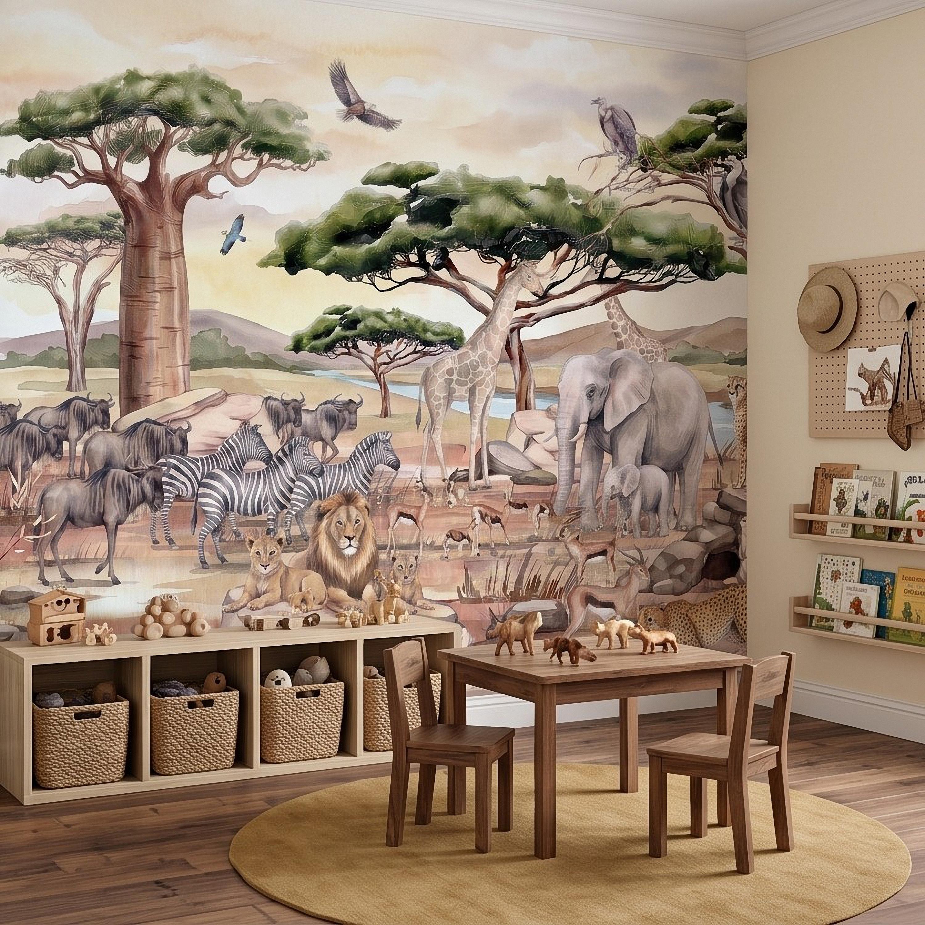 African Safari Peel and Stick Wall Mural, Savanna Wildlife Landscape Watercolor Jungle Adventure Neutral Storybook Kids Wallpaper