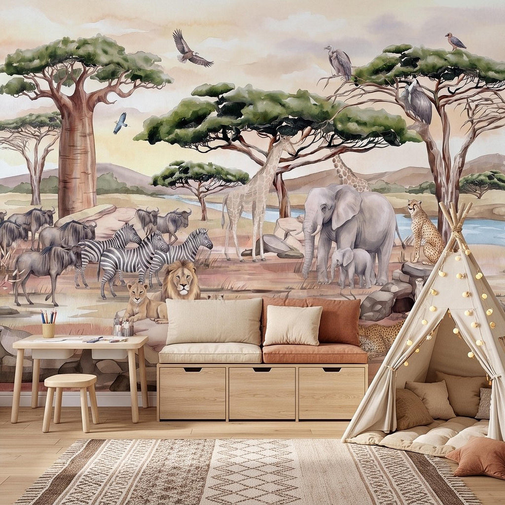 African Safari Peel and Stick Wall Mural, Savanna Wildlife Landscape Watercolor Jungle Adventure Neutral Storybook Kids Wallpaper