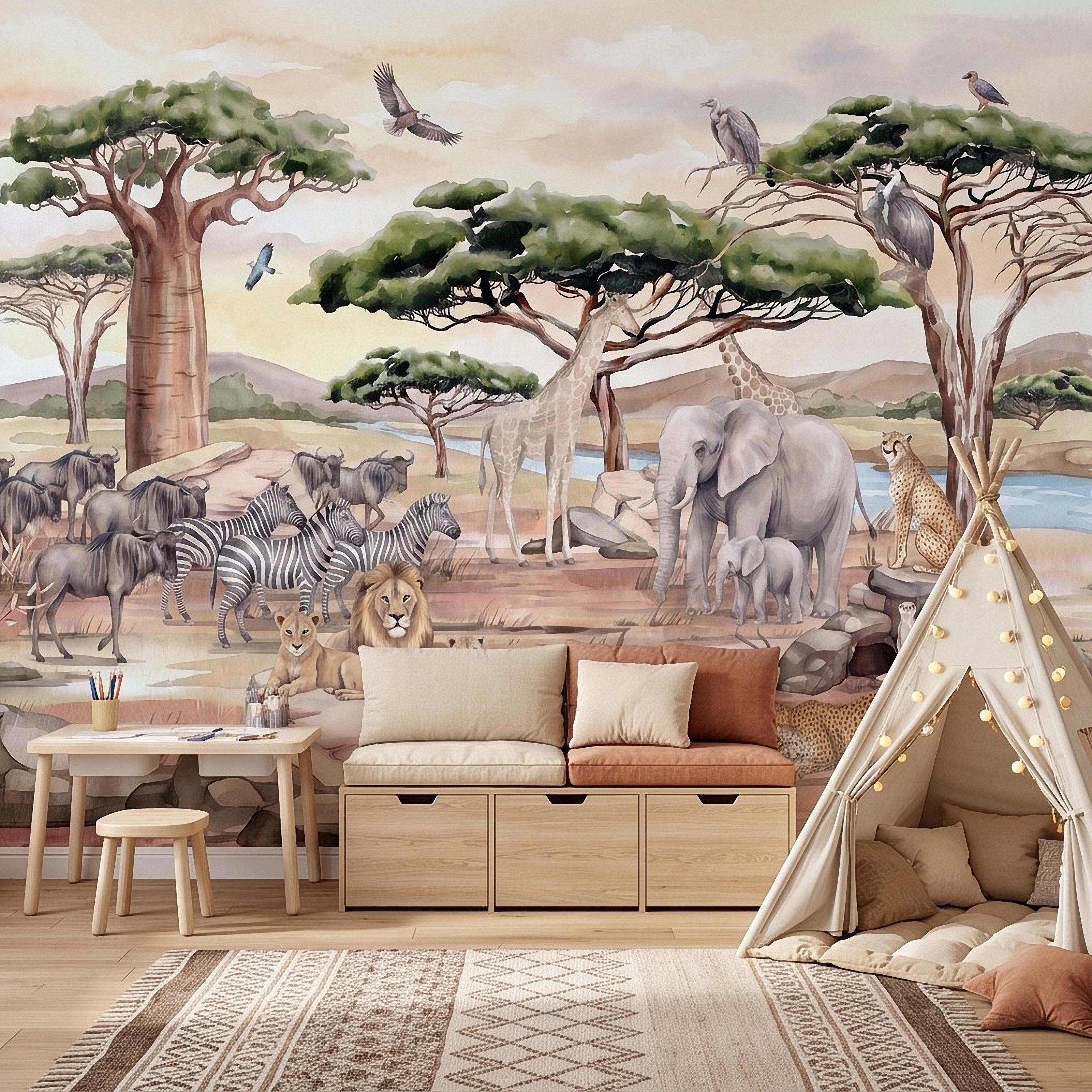 African Safari Peel and Stick Wall Mural, Savanna Wildlife Landscape Watercolor Jungle Adventure Neutral Storybook Kids Wallpaper