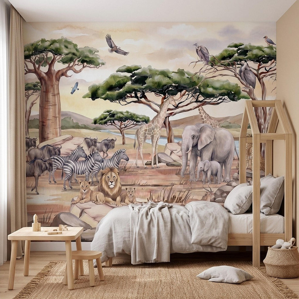 African Safari Peel and Stick Wall Mural, Savanna Wildlife Landscape Watercolor Jungle Adventure Neutral Storybook Kids Wallpaper