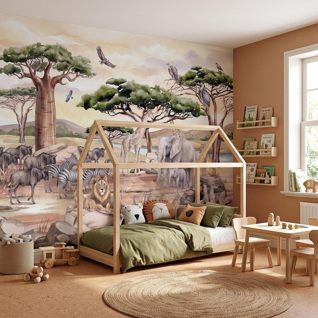African Safari Peel and Stick Wall Mural, Savanna Wildlife Landscape Watercolor Jungle Adventure Neutral Storybook Kids Wallpaper