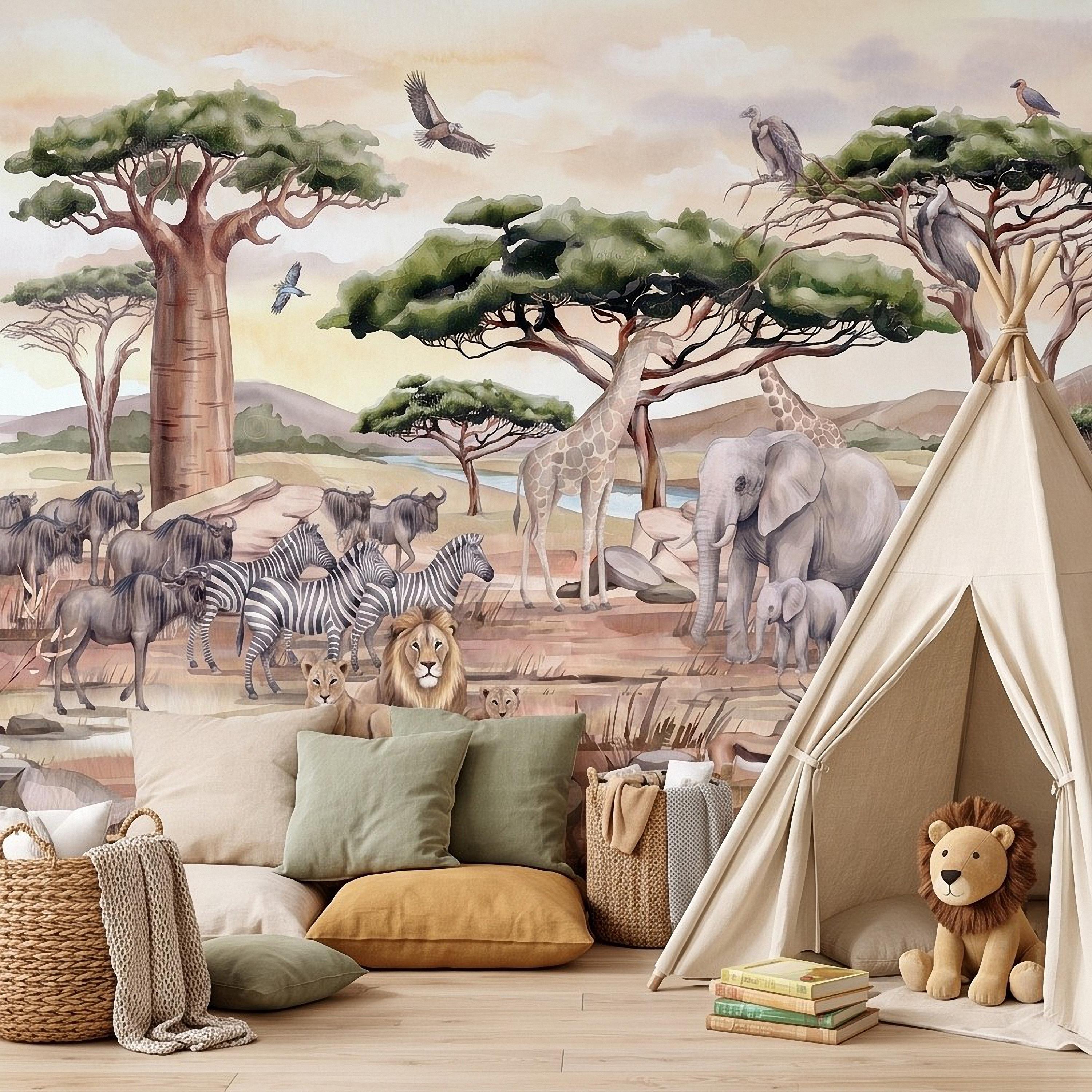African Safari Peel and Stick Wall Mural, Savanna Wildlife Landscape Watercolor Jungle Adventure Neutral Storybook Kids Wallpaper