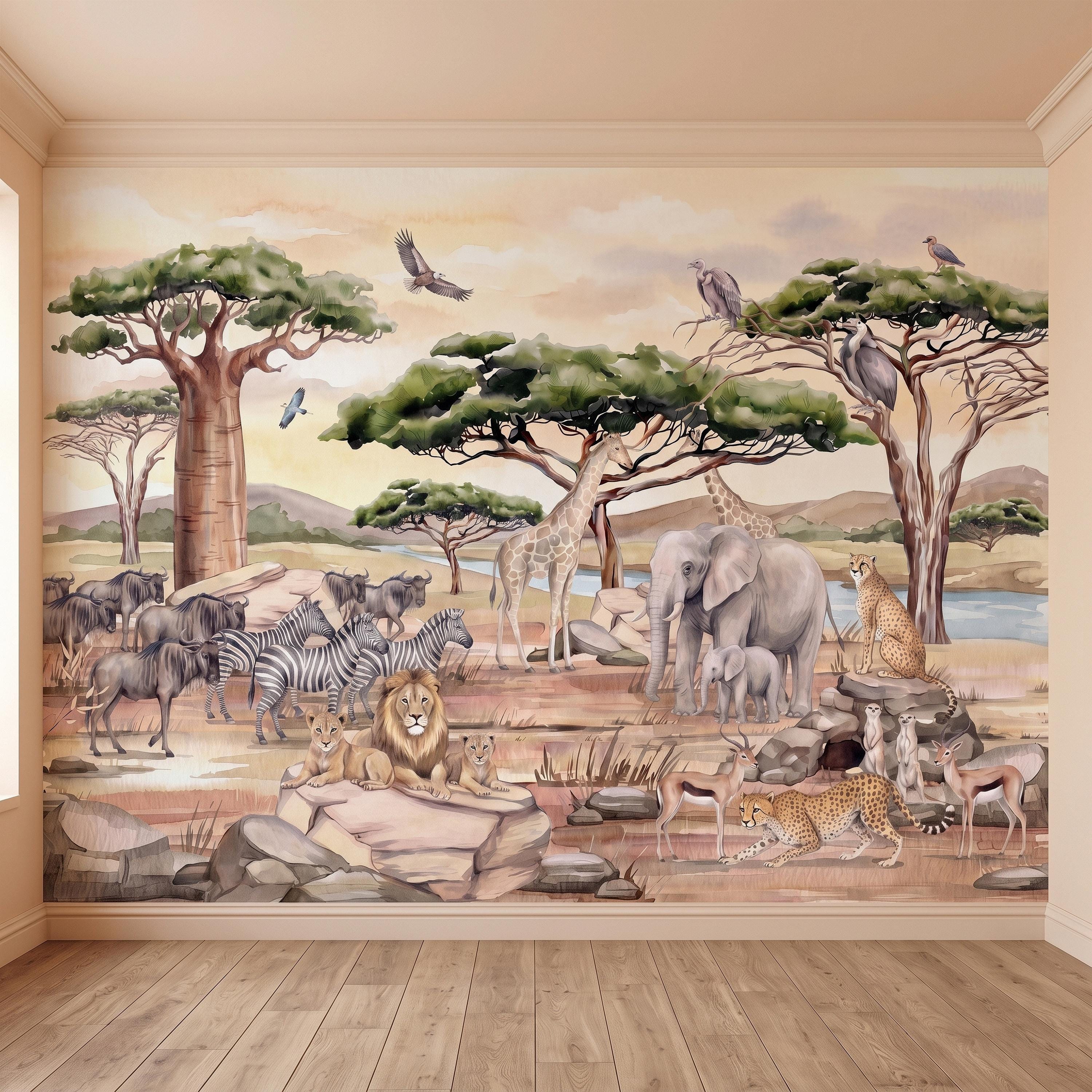 African Safari Peel and Stick Wall Mural, Savanna Wildlife Landscape Watercolor Jungle Adventure Neutral Storybook Kids Wallpaper