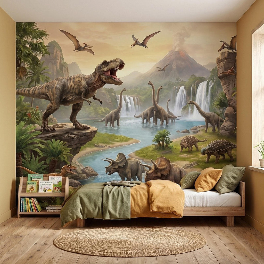 Prehistoric Dinosaur Peel and Stick Wall Mural, Jurassic Jungle Landscape Volcano Waterfall Adventure Tropical Kids Wallpaper