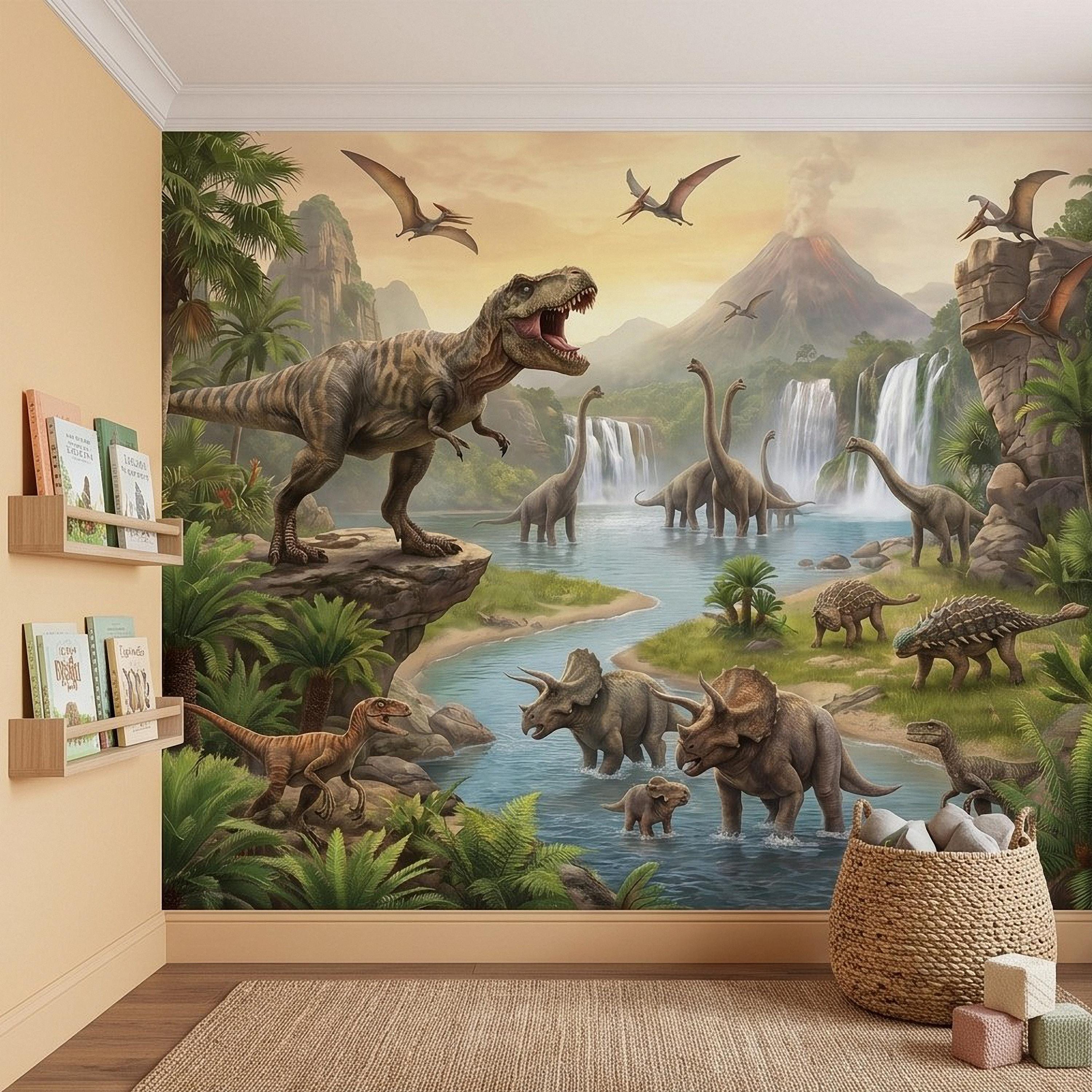 Prehistoric Dinosaur Peel and Stick Wall Mural, Jurassic Jungle Landscape Volcano Waterfall Adventure Tropical Kids Wallpaper