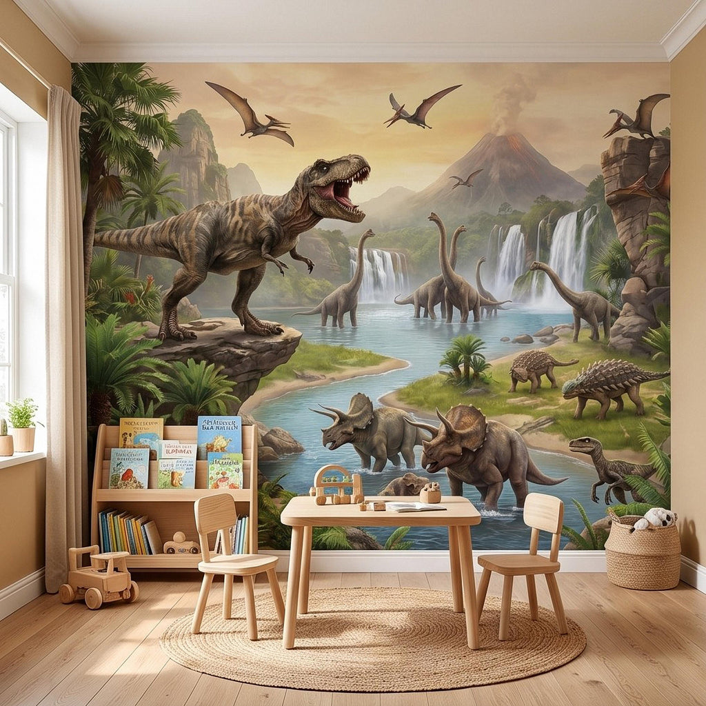 Prehistoric Dinosaur Peel and Stick Wall Mural, Jurassic Jungle Landscape Volcano Waterfall Adventure Tropical Kids Wallpaper