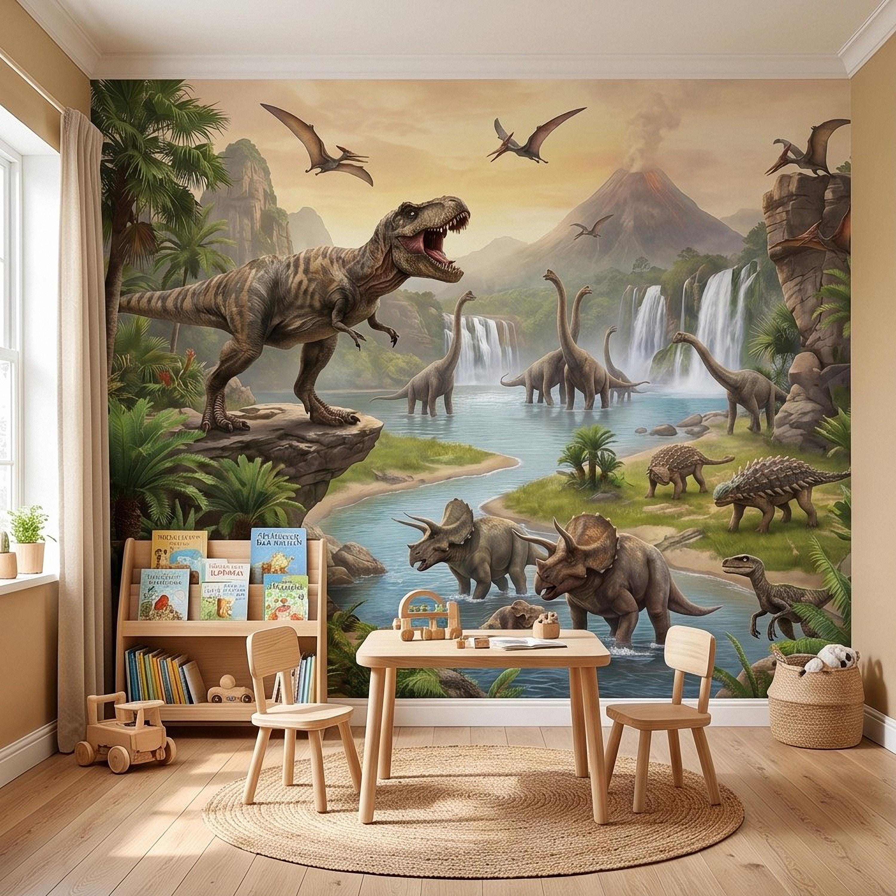 Prehistoric Dinosaur Peel and Stick Wall Mural, Jurassic Jungle Landscape Volcano Waterfall Adventure Tropical Kids Wallpaper