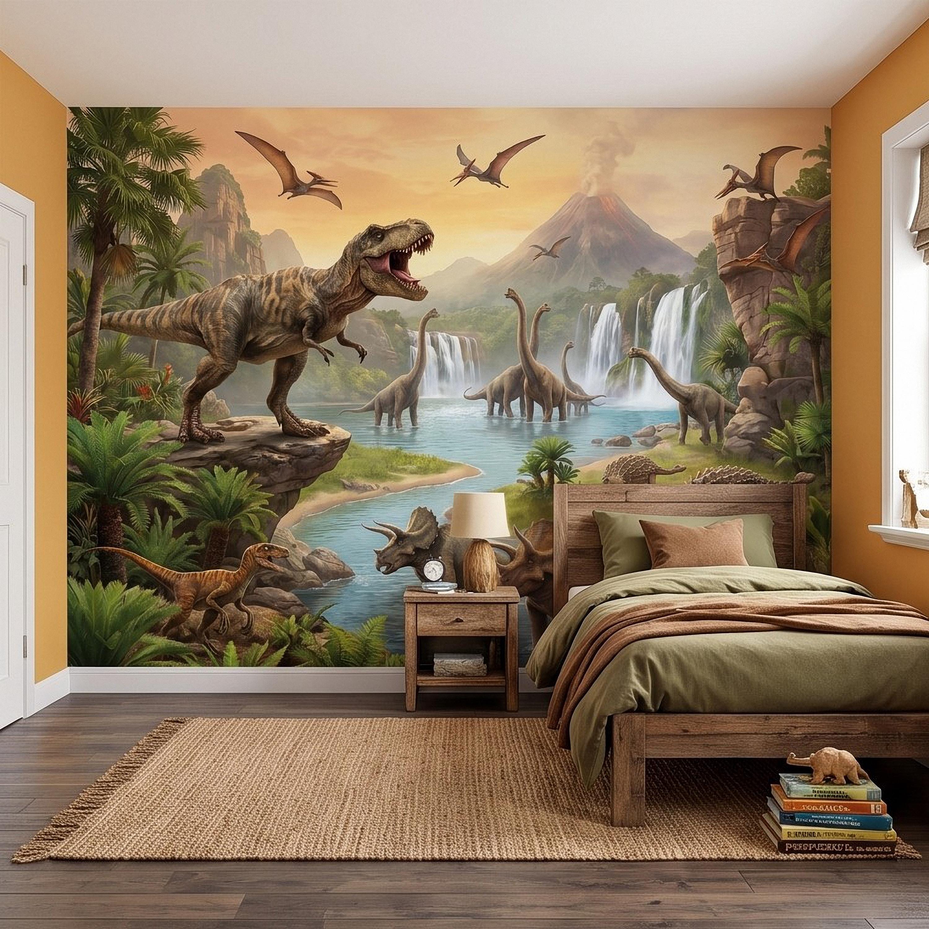 Prehistoric Dinosaur Peel and Stick Wall Mural, Jurassic Jungle Landscape Volcano Waterfall Adventure Tropical Kids Wallpaper