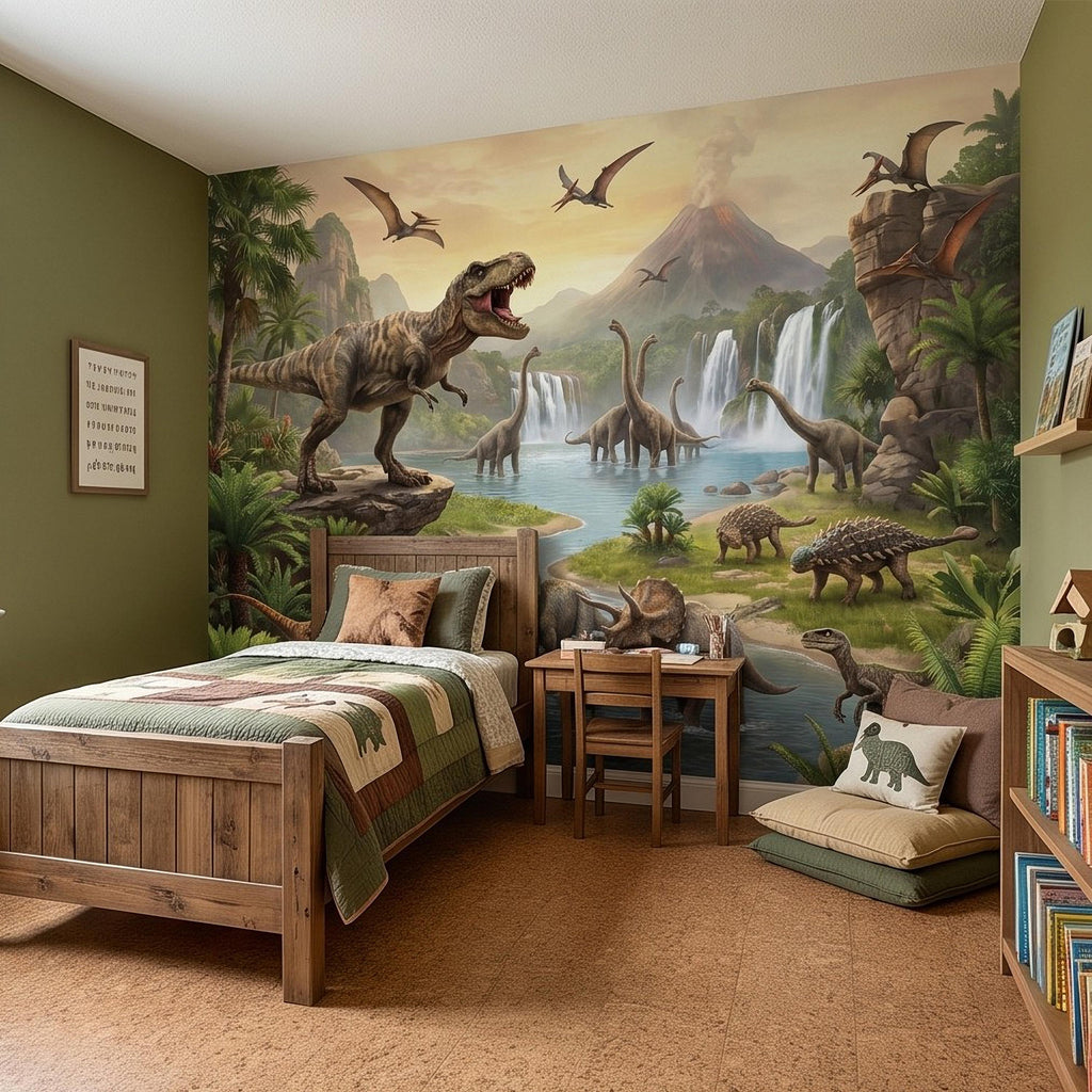 Prehistoric Dinosaur Peel and Stick Wall Mural, Jurassic Jungle Landscape Volcano Waterfall Adventure Tropical Kids Wallpaper