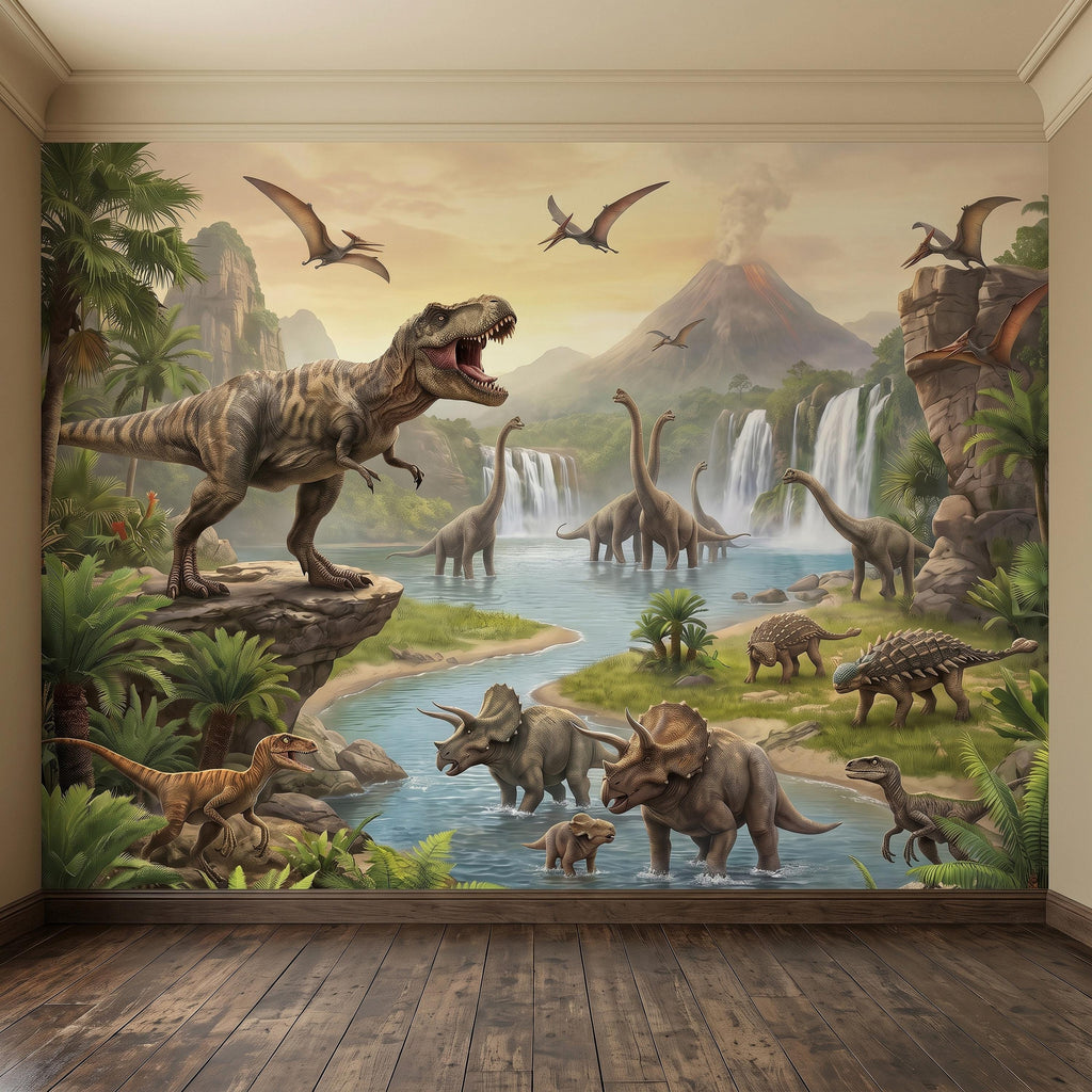 Prehistoric Dinosaur Peel and Stick Wall Mural, Jurassic Jungle Landscape Volcano Waterfall Adventure Tropical Kids Wallpaper