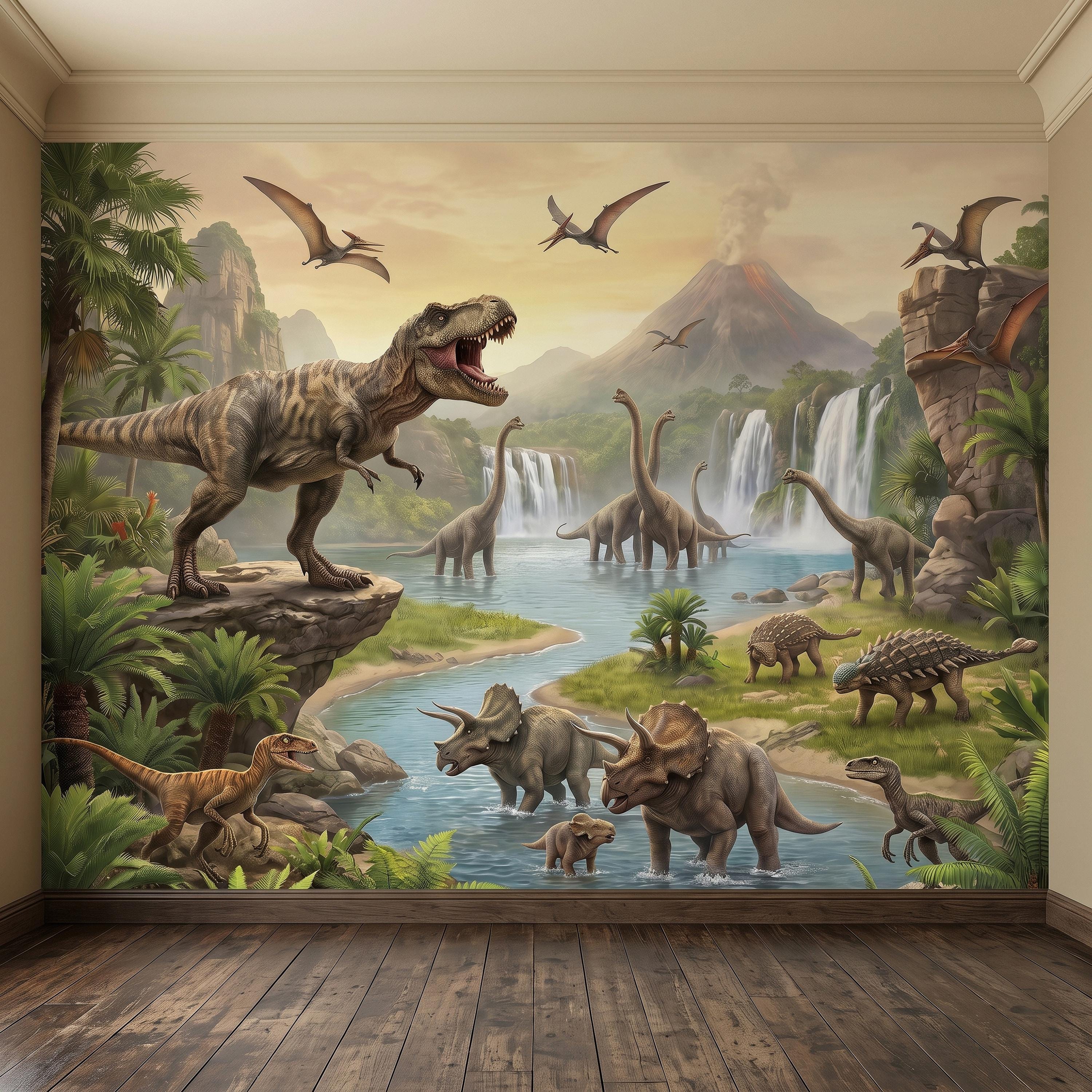 Prehistoric Dinosaur Peel and Stick Wall Mural, Jurassic Jungle Landscape Volcano Waterfall Adventure Tropical Kids Wallpaper