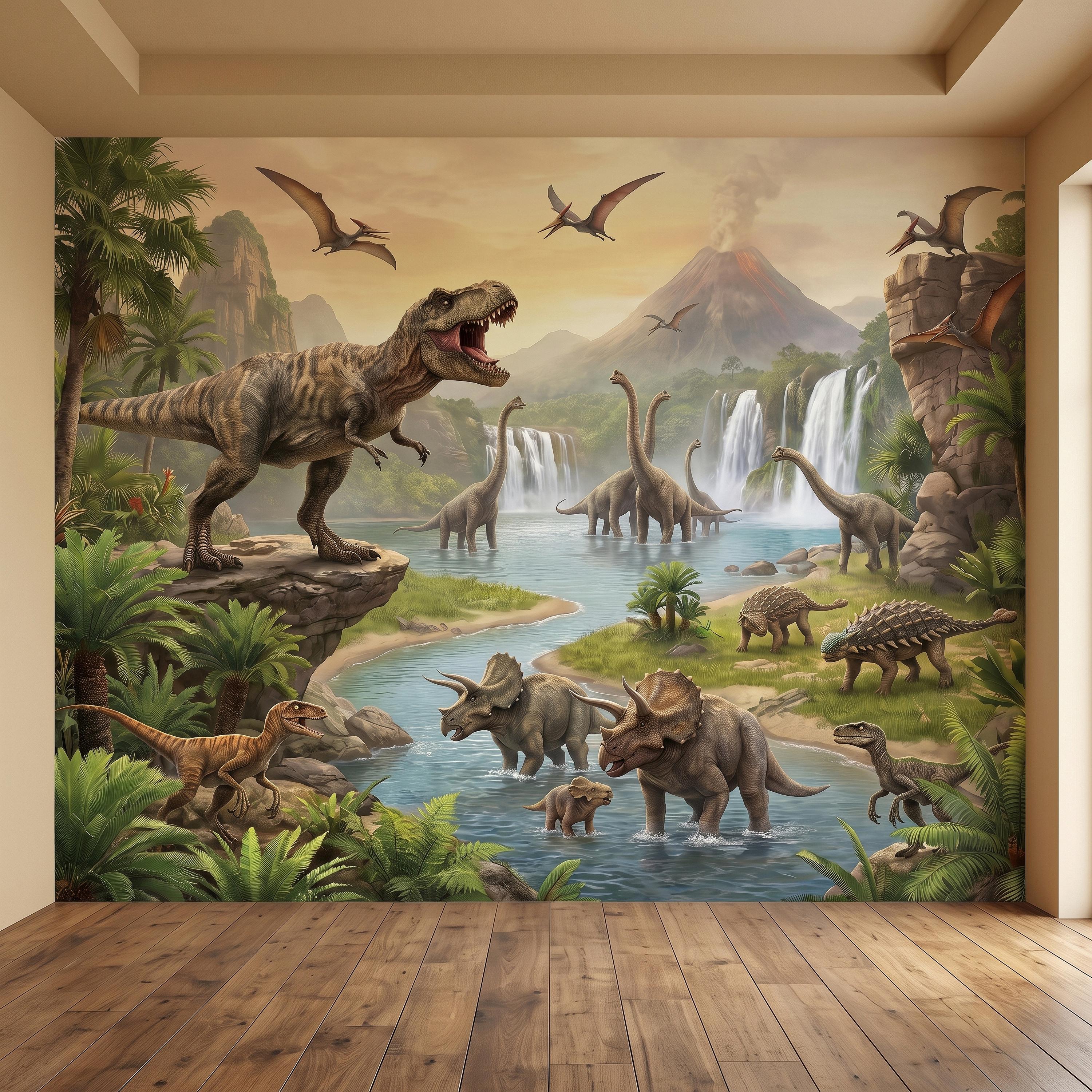 Prehistoric Dinosaur Peel and Stick Wall Mural, Jurassic Jungle Landscape Volcano Waterfall Adventure Tropical Kids Wallpaper