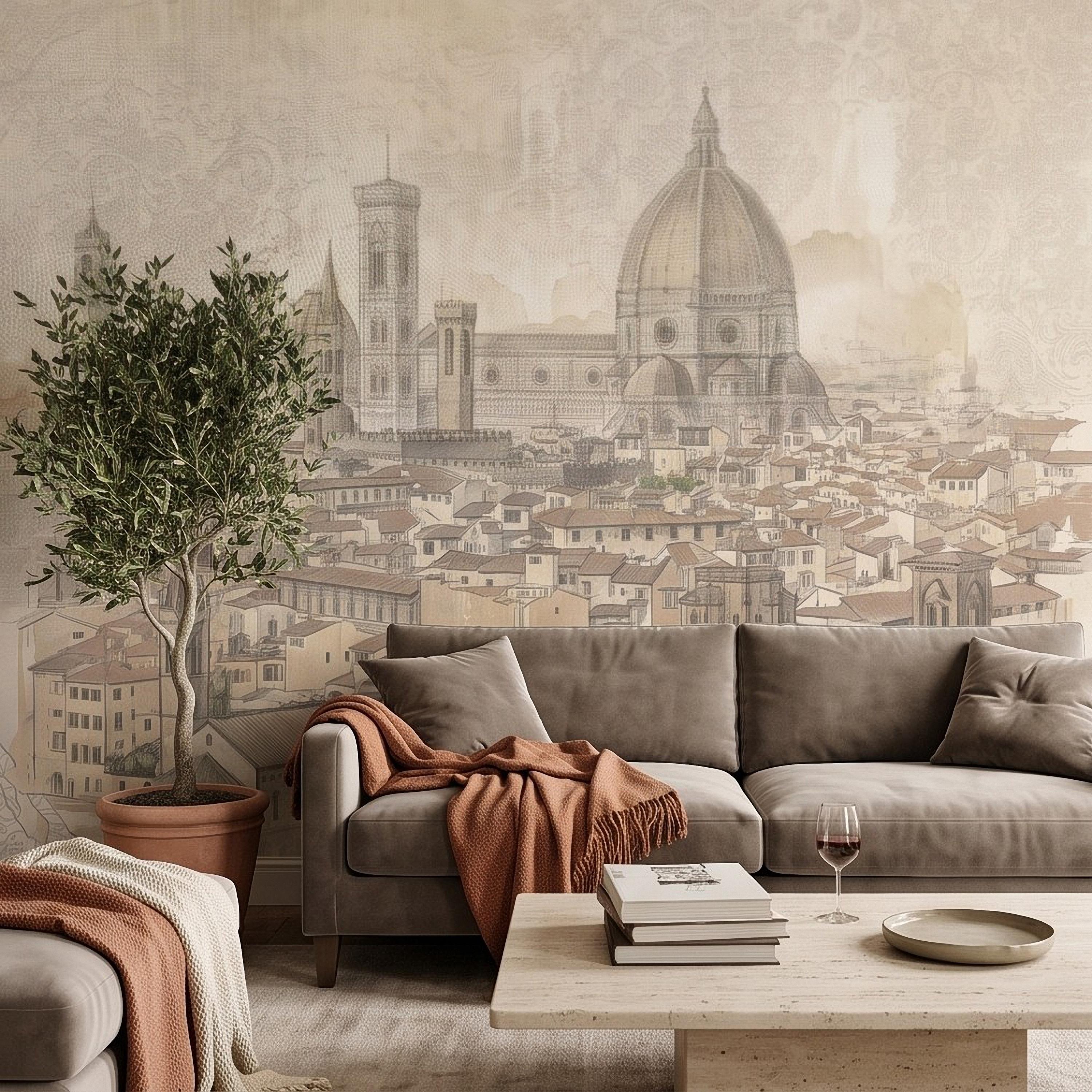 Florence Italy Peel and Stick Wall Mural, Duomo Cathedral Cityscape Vintage Architectural Sketch Tuscan Renaissance Wallpaper