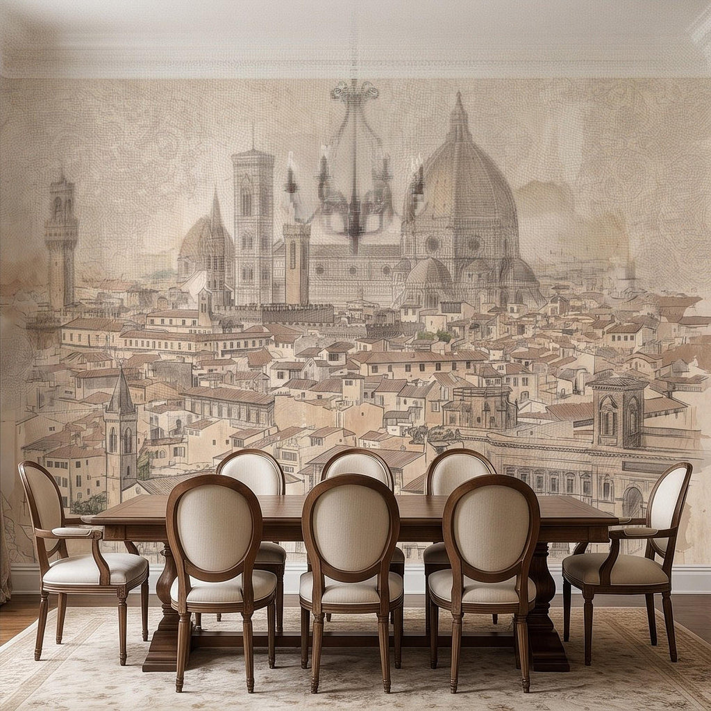 Florence Italy Peel and Stick Wall Mural, Duomo Cathedral Cityscape Vintage Architectural Sketch Tuscan Renaissance Wallpaper