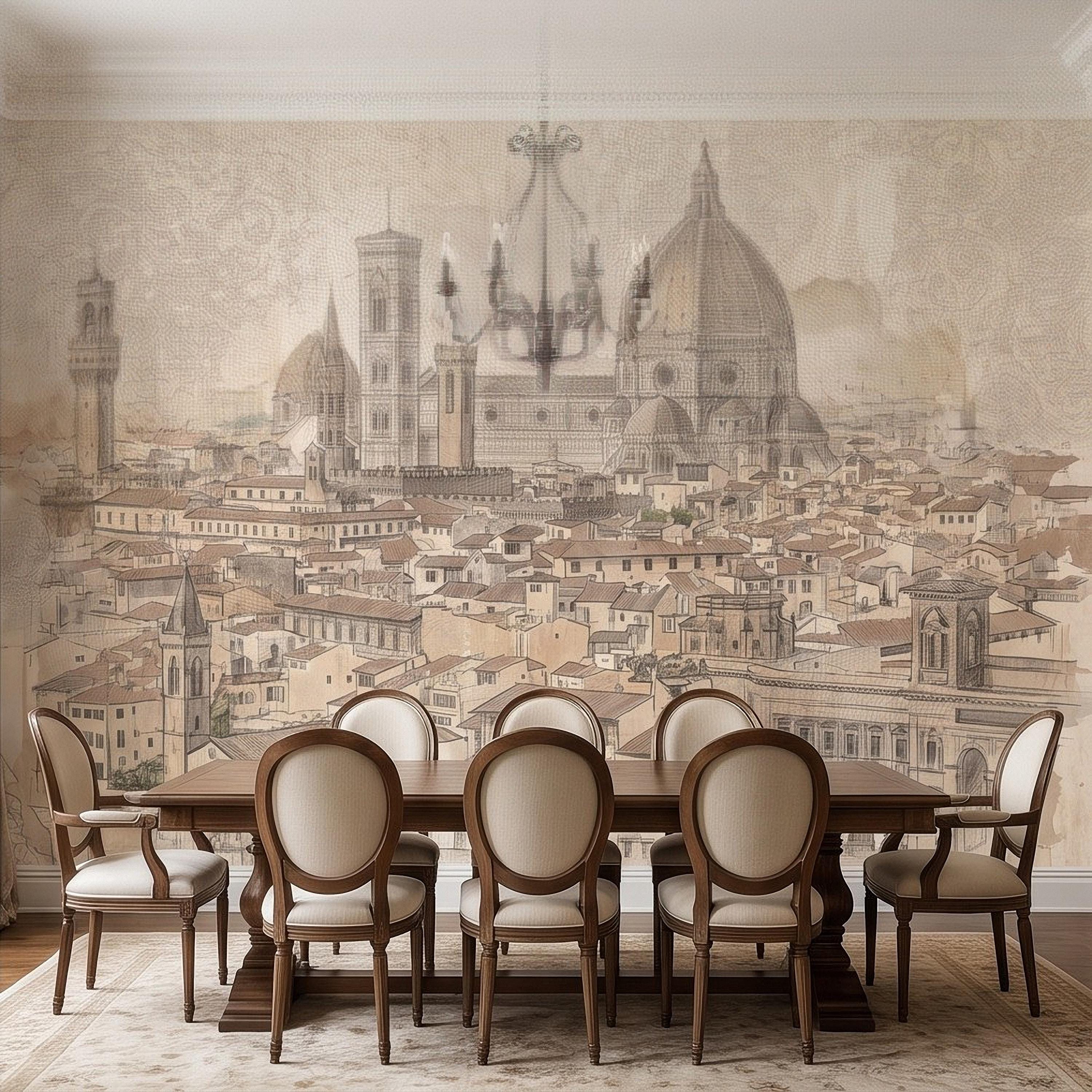 Florence Italy Peel and Stick Wall Mural, Duomo Cathedral Cityscape Vintage Architectural Sketch Tuscan Renaissance Wallpaper