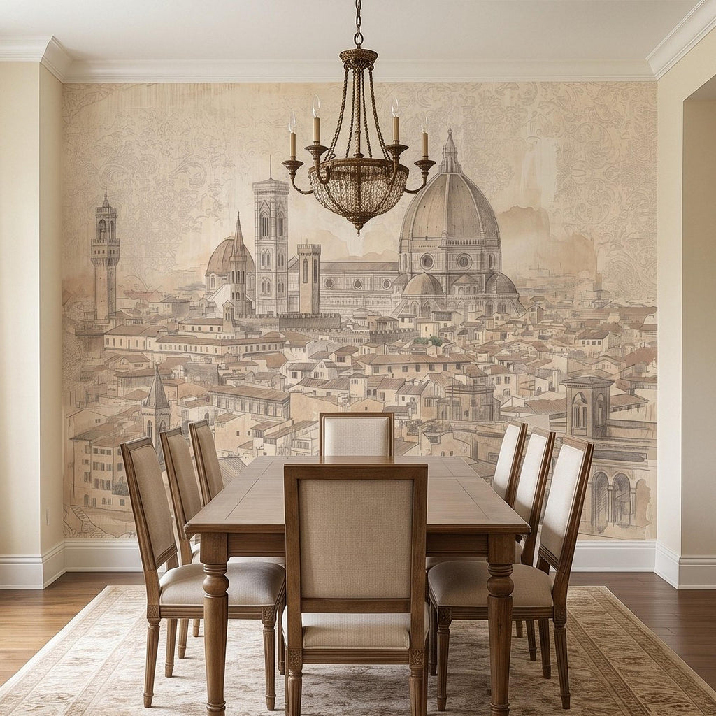Florence Italy Peel and Stick Wall Mural, Duomo Cathedral Cityscape Vintage Architectural Sketch Tuscan Renaissance Wallpaper