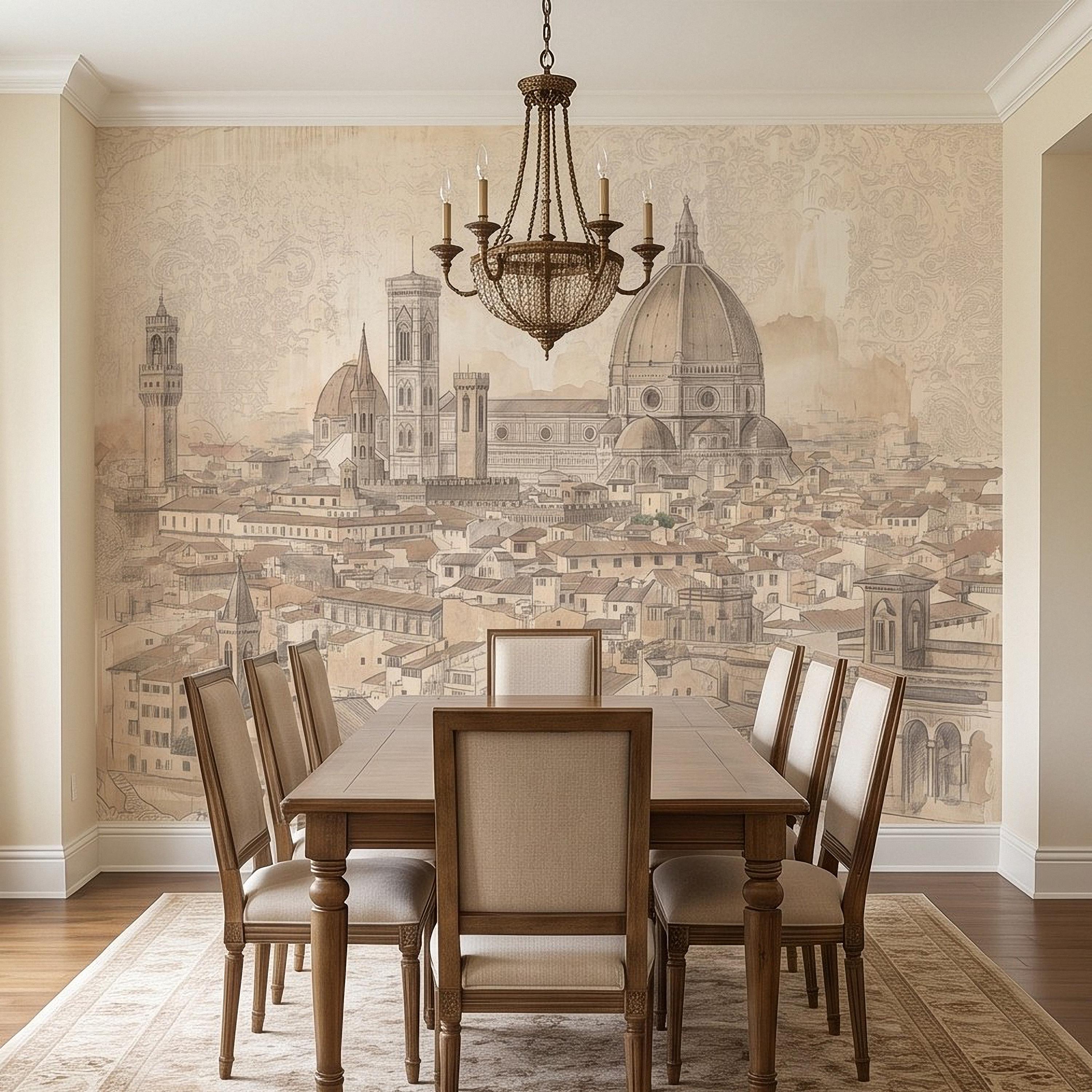 Florence Italy Peel and Stick Wall Mural, Duomo Cathedral Cityscape Vintage Architectural Sketch Tuscan Renaissance Wallpaper