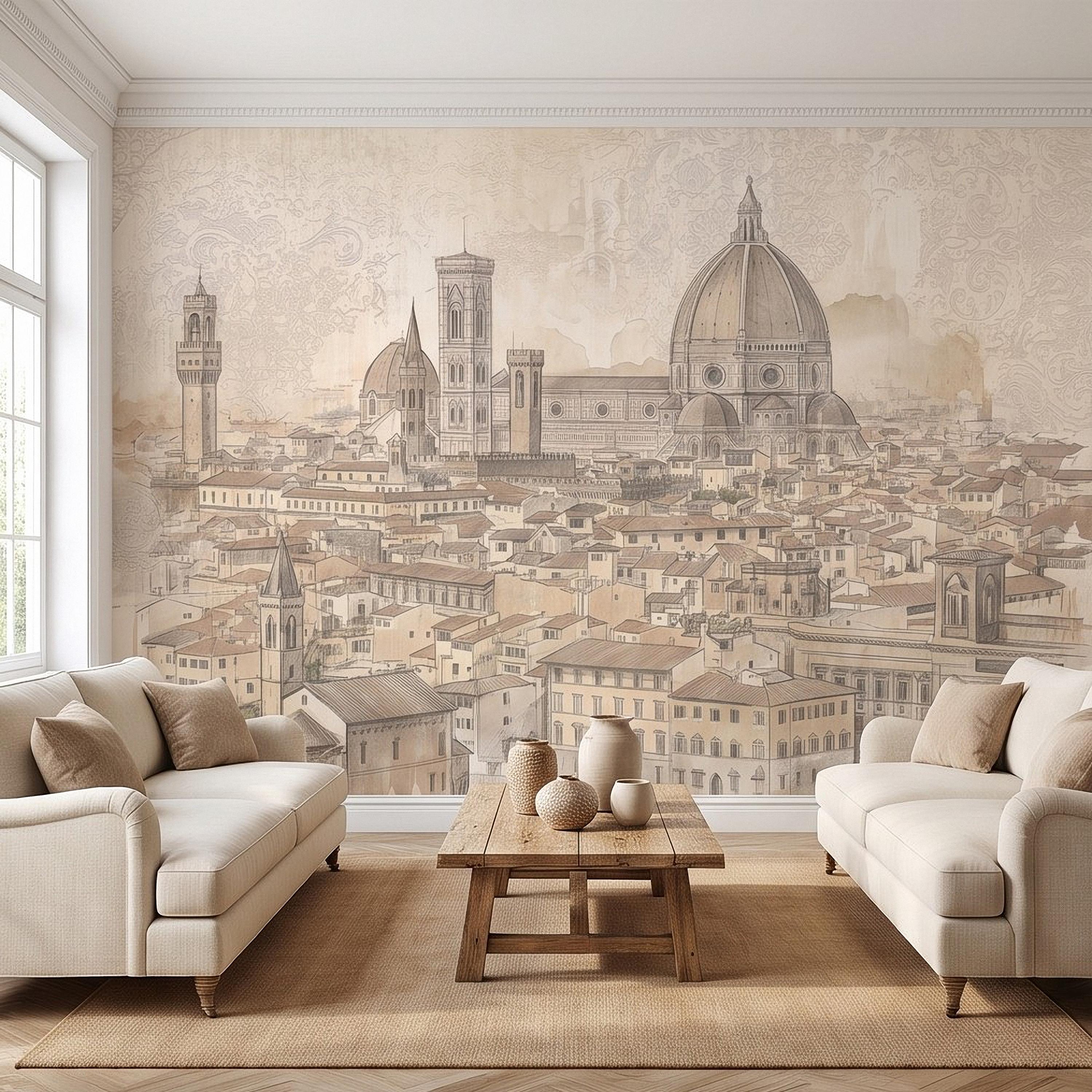 Florence Italy Peel and Stick Wall Mural, Duomo Cathedral Cityscape Vintage Architectural Sketch Tuscan Renaissance Wallpaper