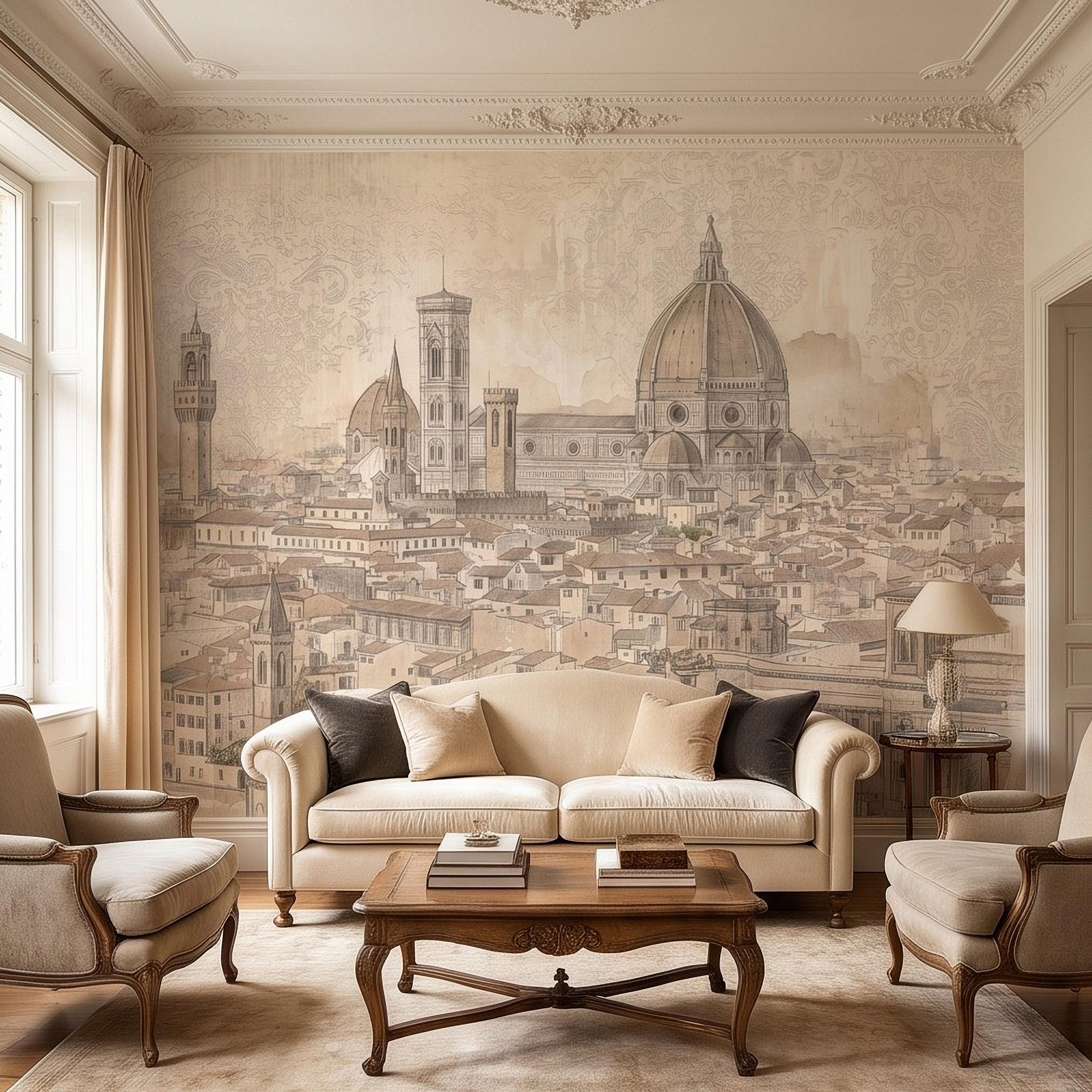 Florence Italy Peel and Stick Wall Mural, Duomo Cathedral Cityscape Vintage Architectural Sketch Tuscan Renaissance Wallpaper