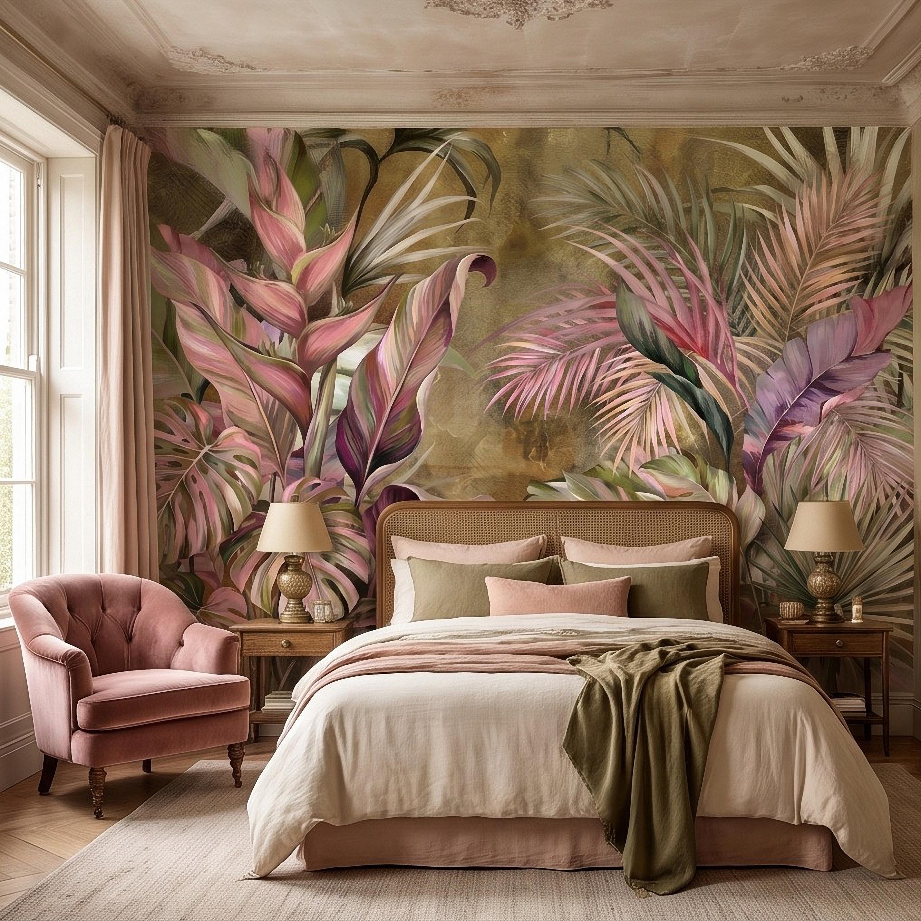 Tropical Botanical Peel and Stick Wall Mural, Monstera Palm Leaves Blush Pink Foliage Olive Green Lush Exotic Wallpaper