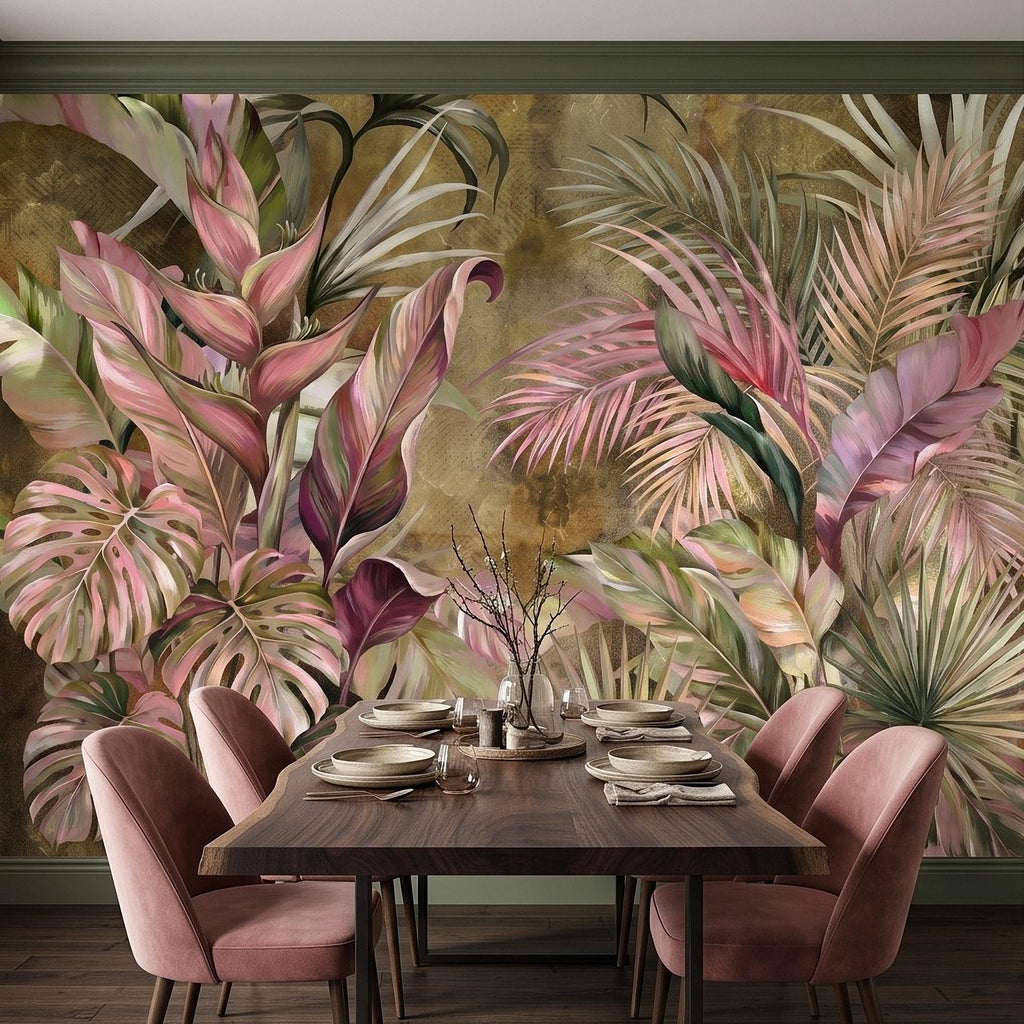 Tropical Botanical Peel and Stick Wall Mural, Monstera Palm Leaves Blush Pink Foliage Olive Green Lush Exotic Wallpaper